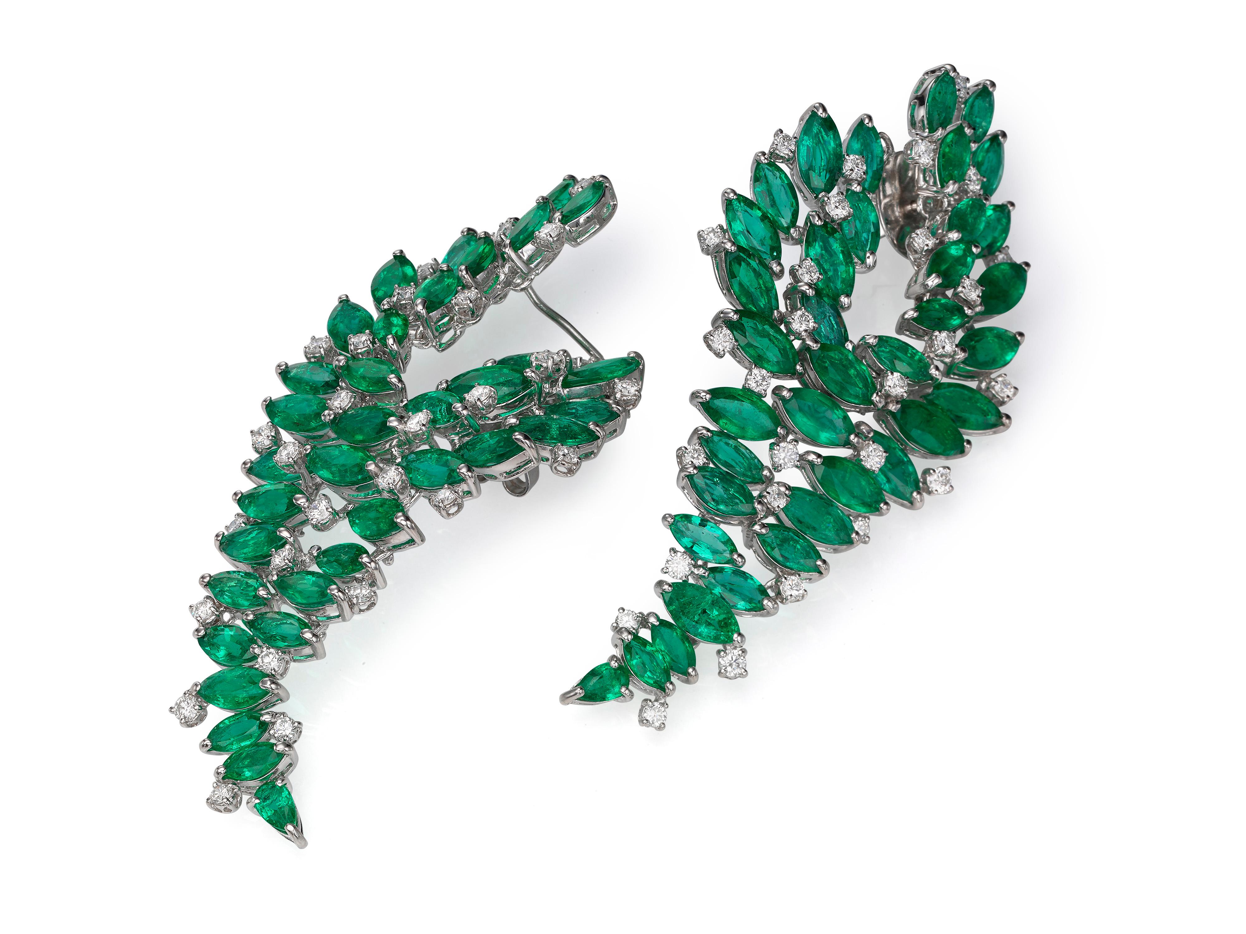 Marquise Cut 29.17 Carat Marquise Emerald Diamond 18 Karat White Gold Chandelier Earrings For Sale
