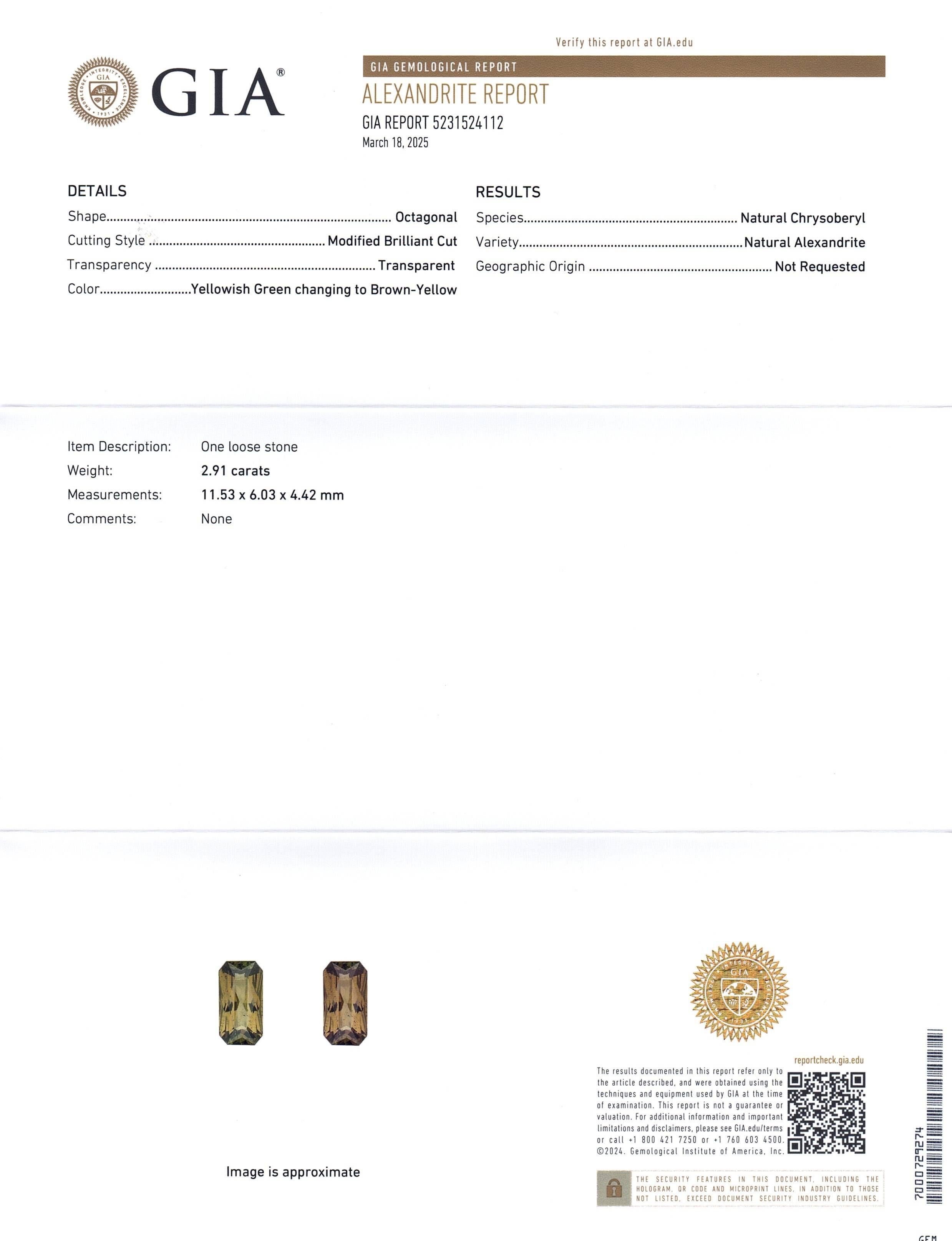 Se trata de una impresionante Alejandrita certificada por GIA 


El informe de la GIA dice lo siguiente:

Número de informe GIA: 5231524112
Forma: Octogonal
Estilo de talla: Talla brillante modificada
Estilo de corte: Corona: 
Estilo de corte: