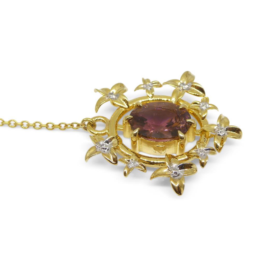 Contemporary 2.91ct Pink Tourmaline, Diamond Pendant set in 14k Yellow Gold, designed by Bell For Sale