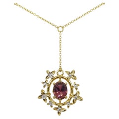 Pendentif en or jaune 14 carats et diamants serti d'une tourmaline rose de 2,91 carats, conçu par Bell