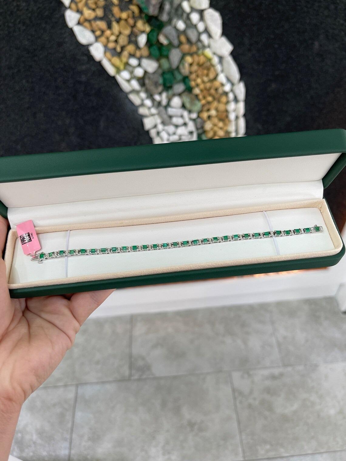 2.91tcw 14K Baguette Cut Vivid Green Emerald & Diamond Accent White Gold Bracele In New Condition For Sale In Jupiter, FL