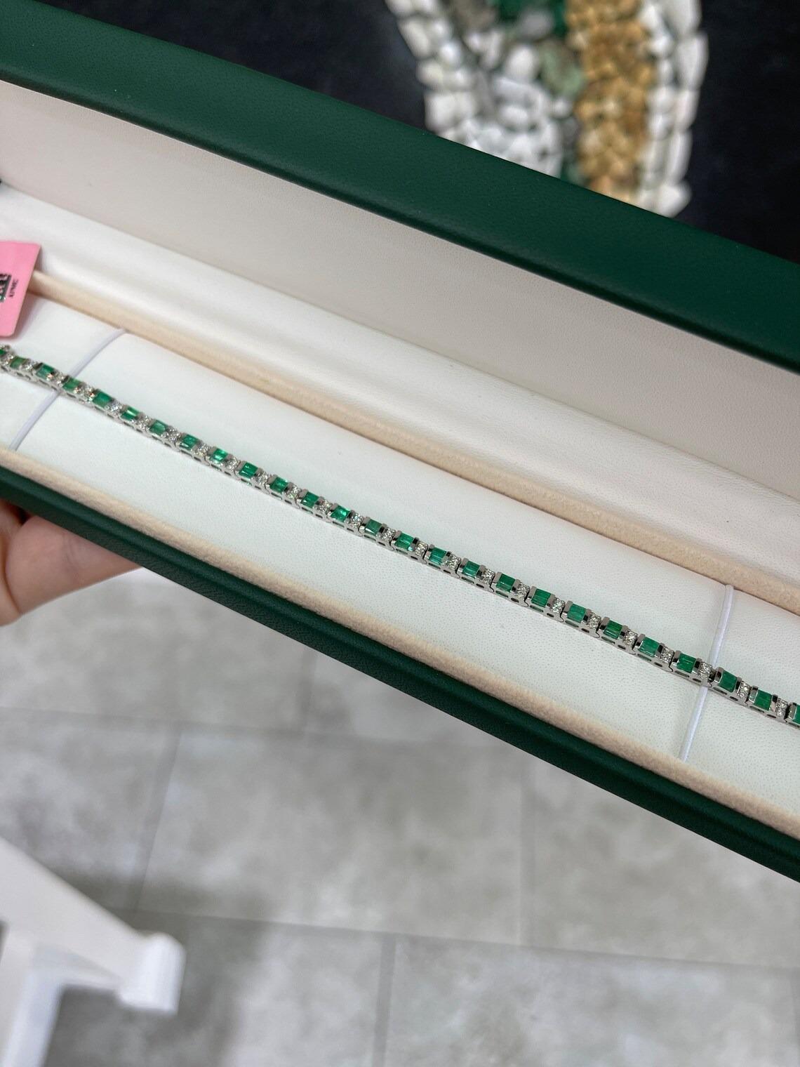 Women's or Men's 2.91tcw 14K Baguette Cut Vivid Green Emerald & Diamond Accent White Gold Bracele For Sale