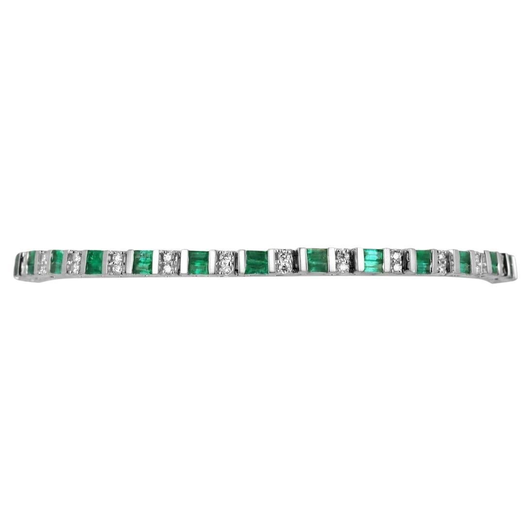 2.91tcw 14K Baguette Cut Vivid Green Emerald & Diamond Accent White Gold Bracele For Sale