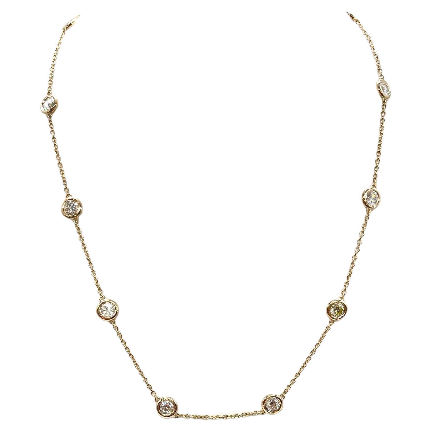 2.92 Carat 10 Station Diamond by the Yard Necklace 14 Karat Yellow Gold 16" For Sale