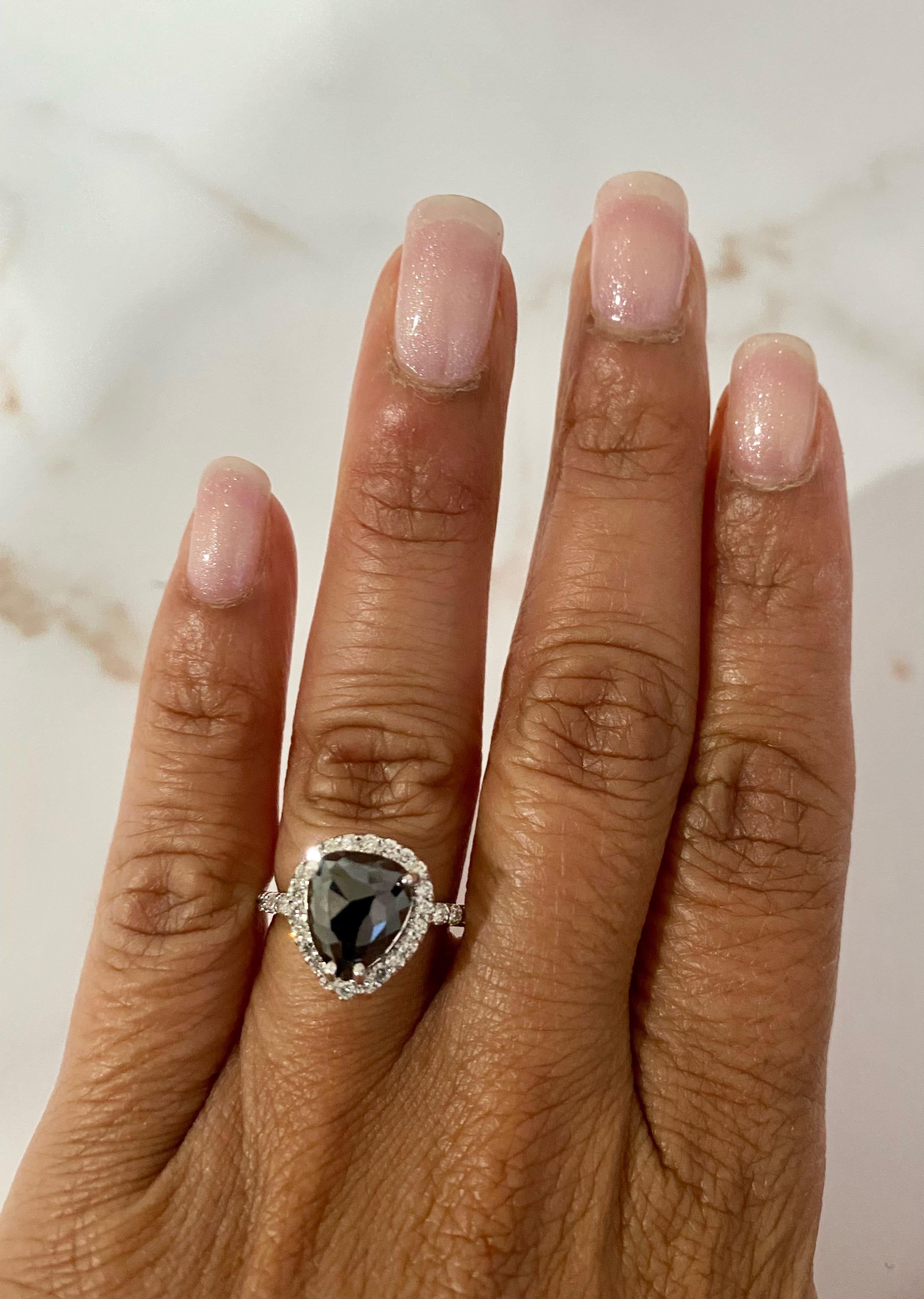 Pear Cut 2.92 Carat Black and White Diamond Halo 14 Karat White Gold Engagement Ring
