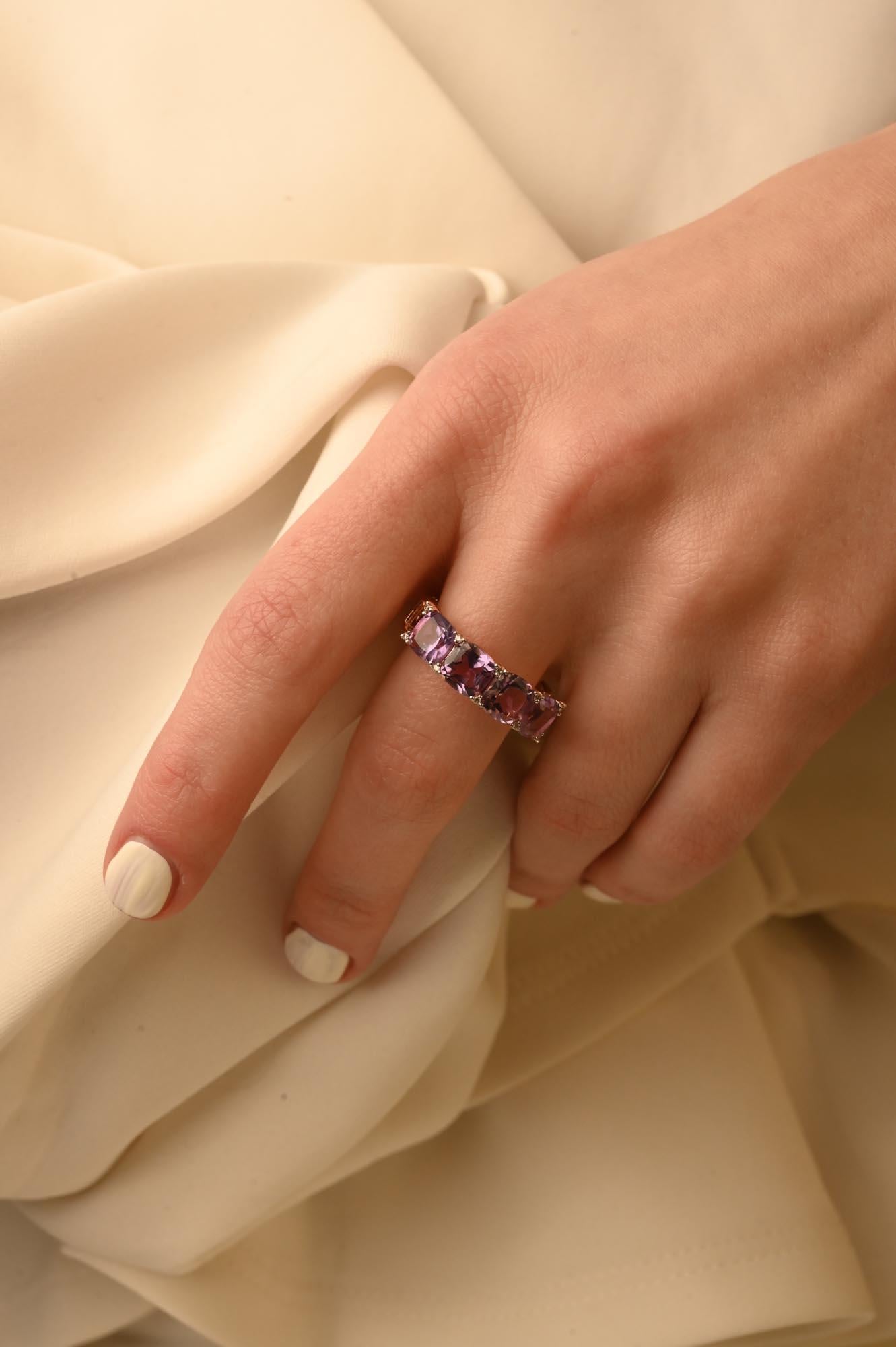 For Sale:  2.92 Carat Cushion Amethyst & Diamond Half Band Ring in 18k Solid Rose Gold 6