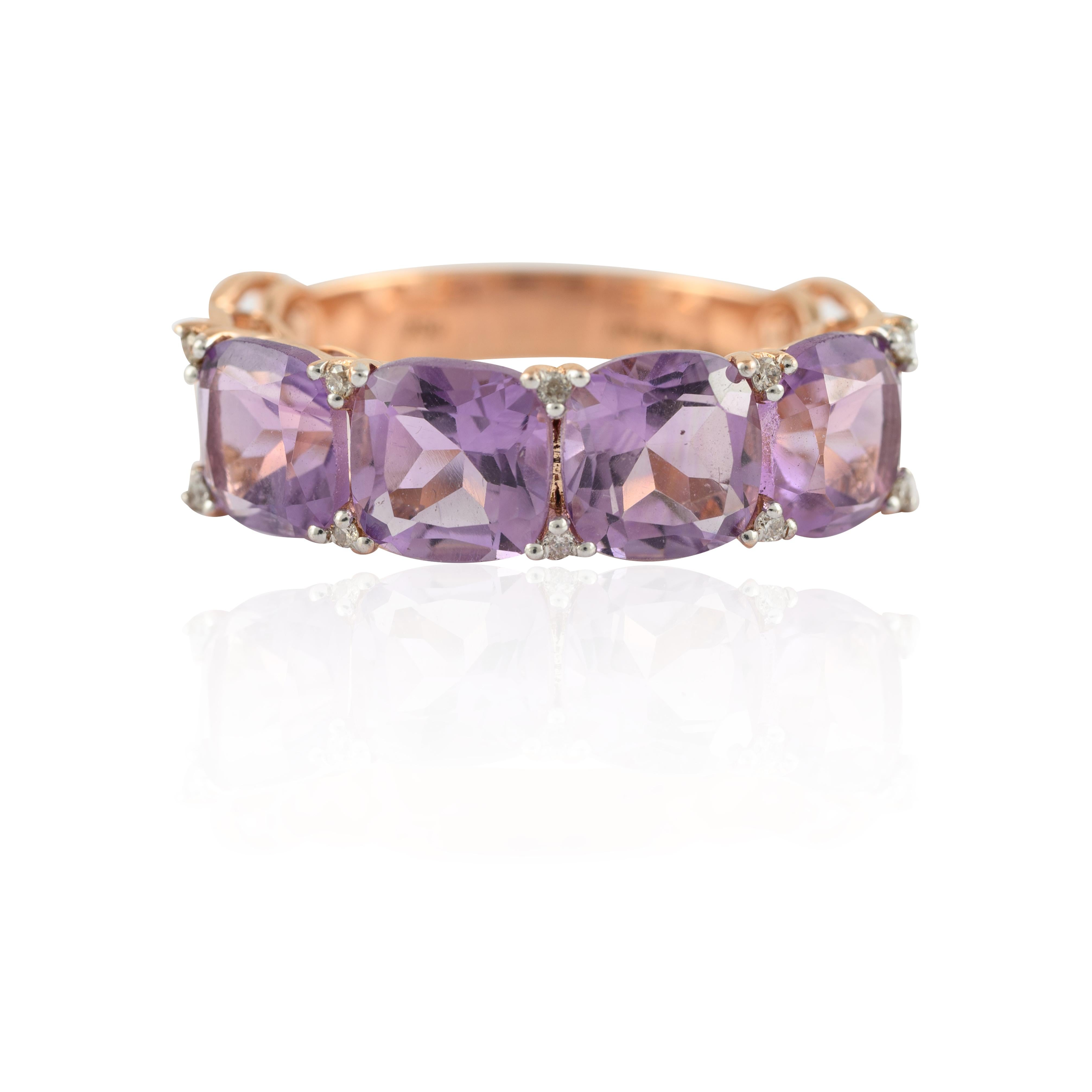 For Sale:  2.92 Carat Cushion Amethyst & Diamond Half Band Ring in 18k Solid Rose Gold 3