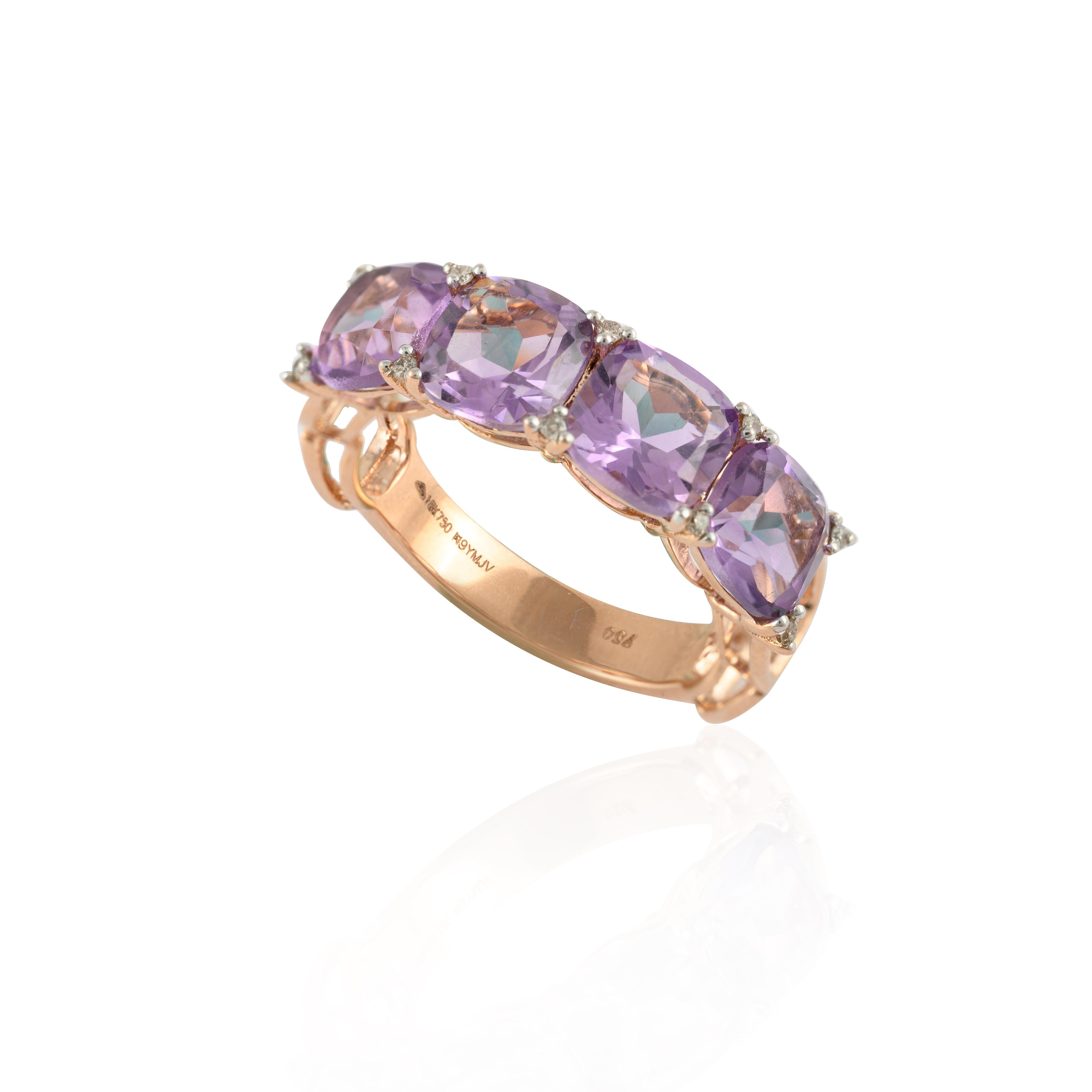 For Sale:  2.92 Carat Cushion Amethyst & Diamond Half Band Ring in 18k Solid Rose Gold 9