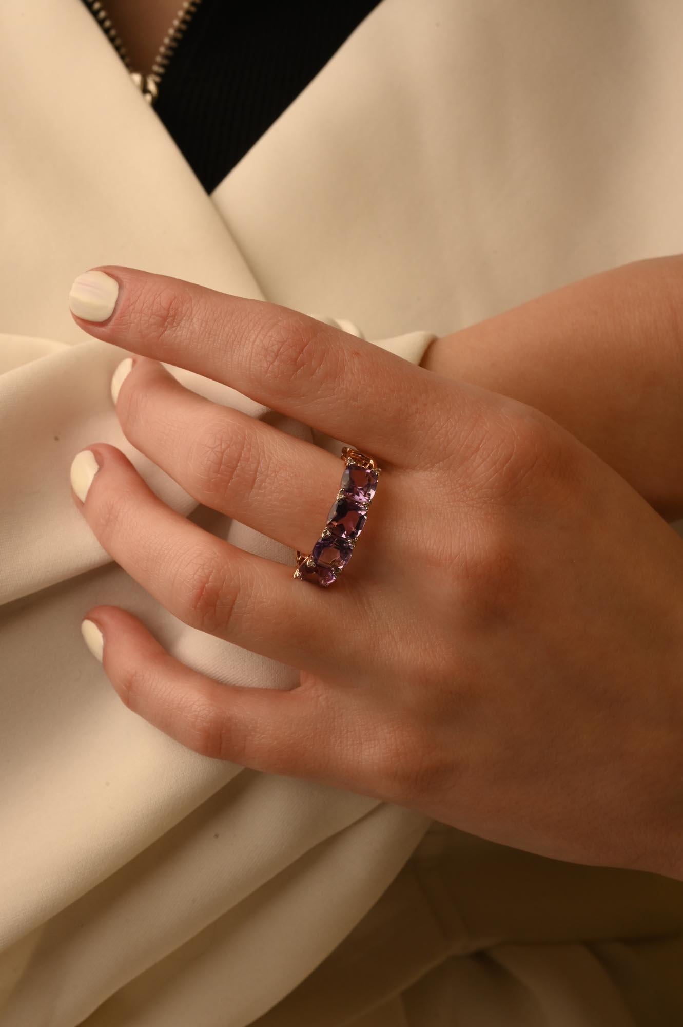 For Sale:  2.92 Carat Cushion Amethyst & Diamond Half Band Ring in 18k Solid Rose Gold 10
