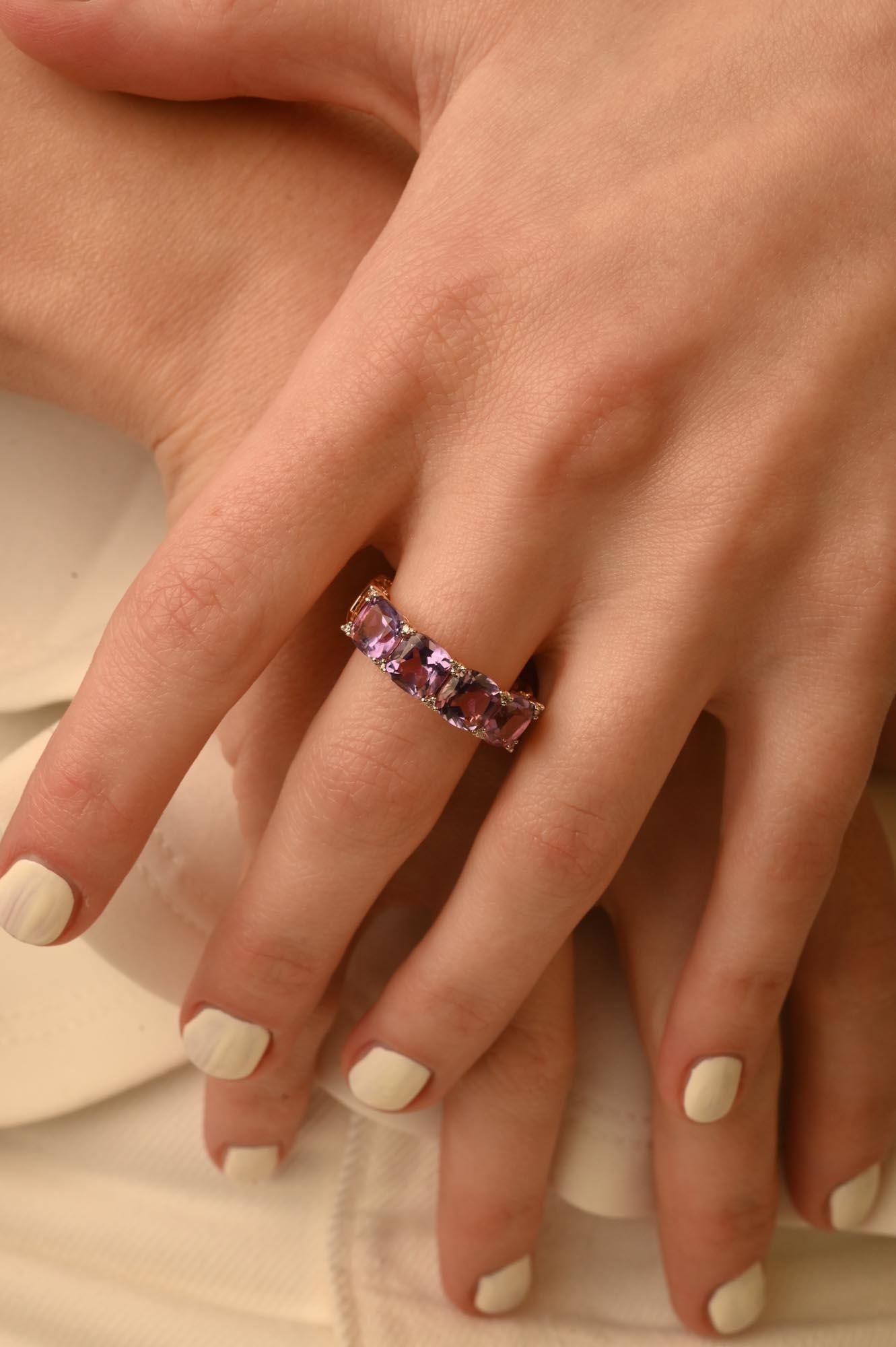 For Sale:  2.92 Carat Cushion Amethyst & Diamond Half Band Ring in 18k Solid Rose Gold 8