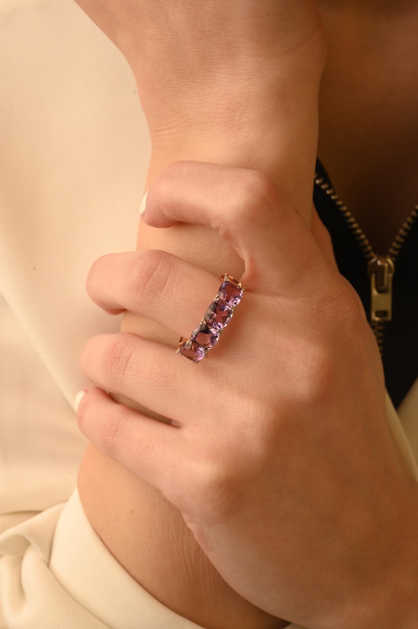 For Sale:  2.92 Carat Cushion Amethyst & Diamond Half Band Ring in 18k Solid Rose Gold 2