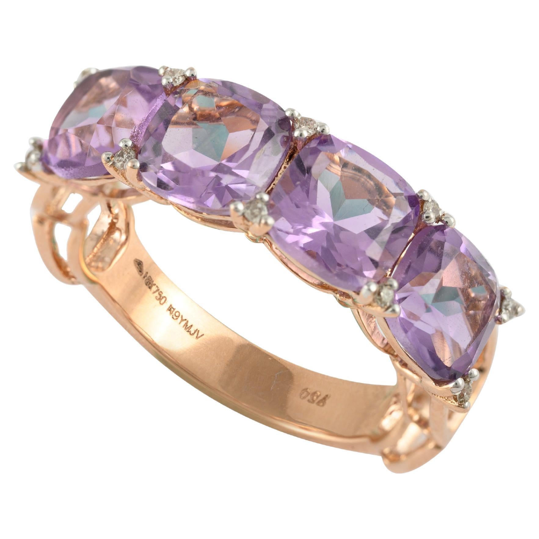 For Sale:  2.92 Carat Cushion Amethyst & Diamond Half Band Ring in 18k Solid Rose Gold
