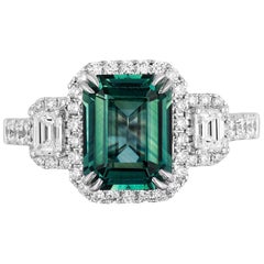 GIA certified 2.92 ct Emerald cut green sapphire teal color Cocktail ring