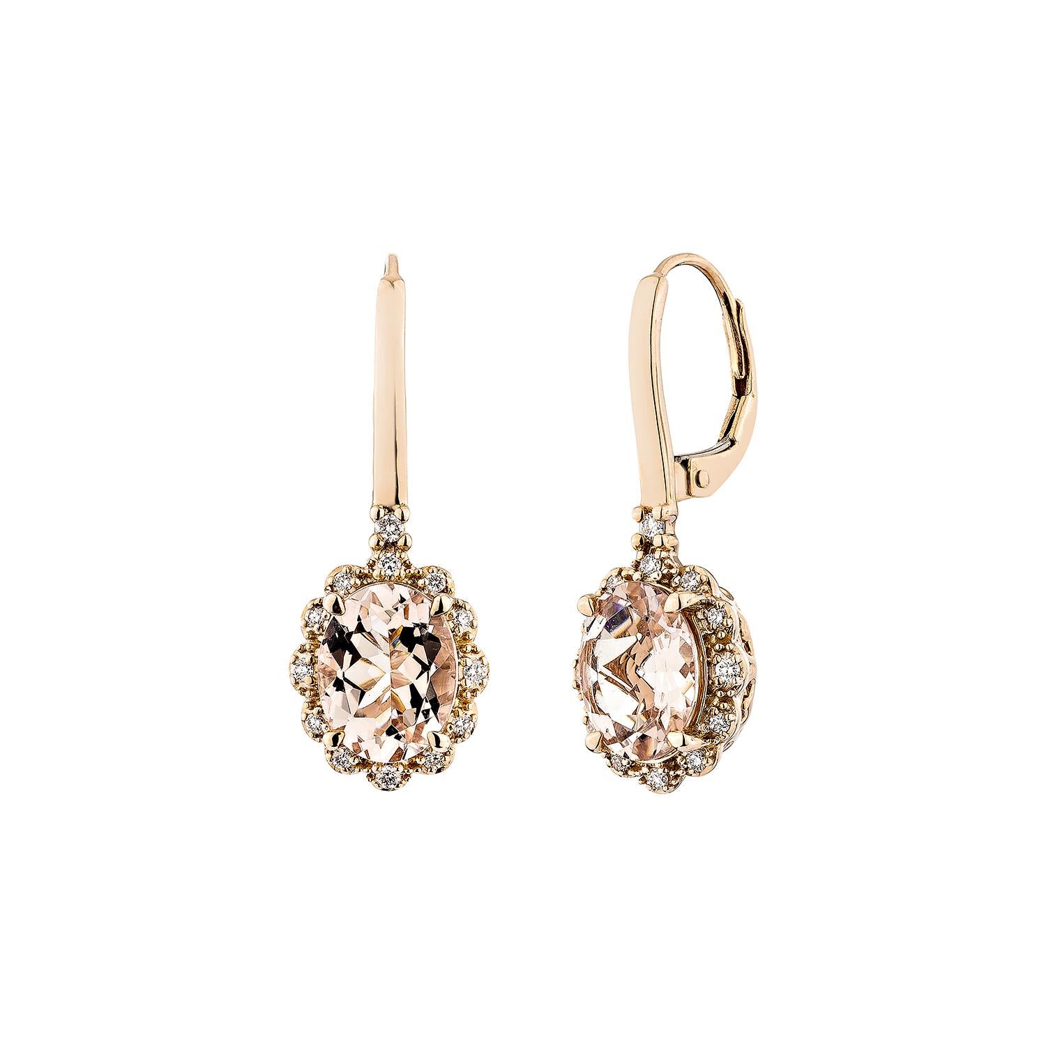 Taille ovale Boucles d'oreilles pendantes en or rose 18 carats avec Morganite de 2,92 carats et diamants blancs en vente