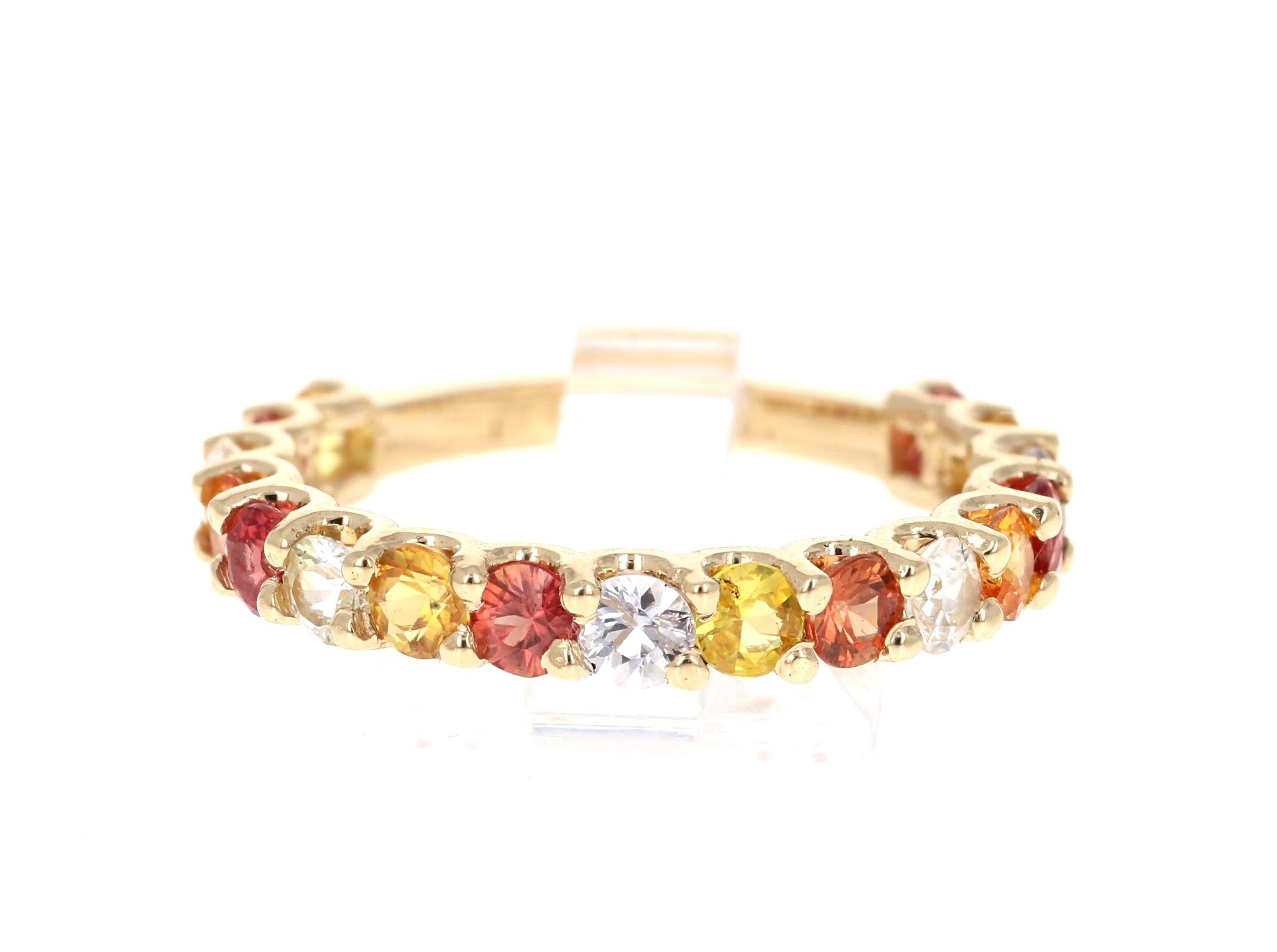 There are 17 Multi Color Genuine Sapphires in this band that weigh 2.92 Carats.  
It is perfect for everyday wear and looks amazing stacked or alone.  They are versatile and can jazz up to any outfit and occasion!   If you wish to purchase all 3 of