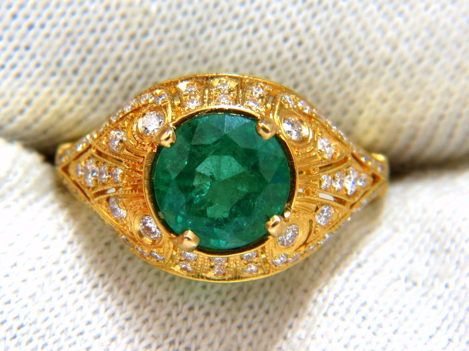 Women's or Men's 2.92 Carat Natural Round Emerald Diamond Ring 14 Karat Venetian Mod