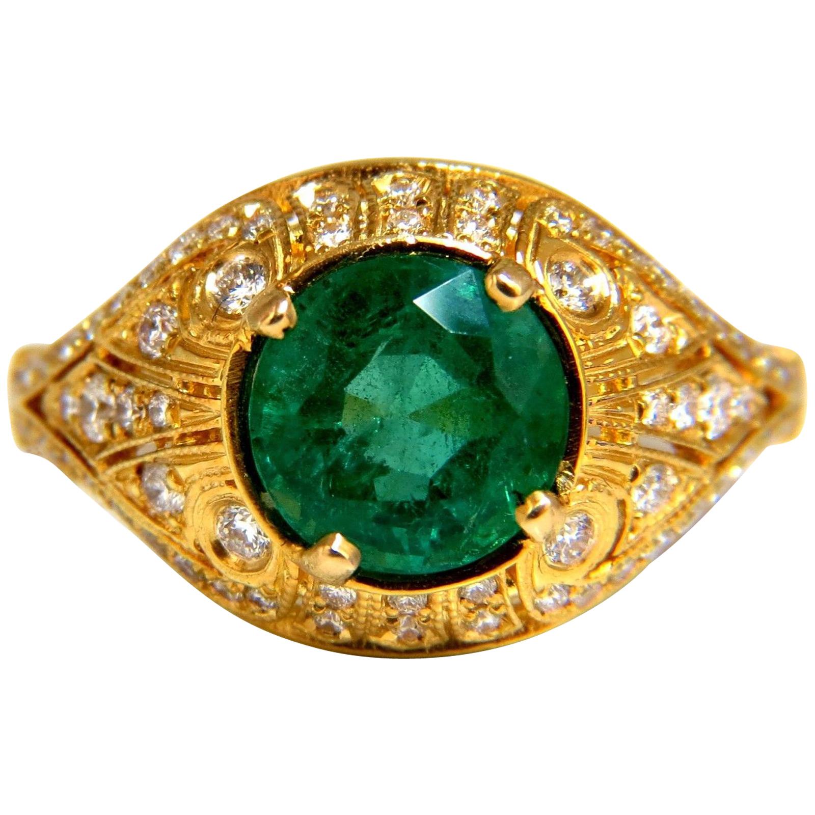 2.92 Carat Natural Round Emerald Diamond Ring 14 Karat Venetian Mod