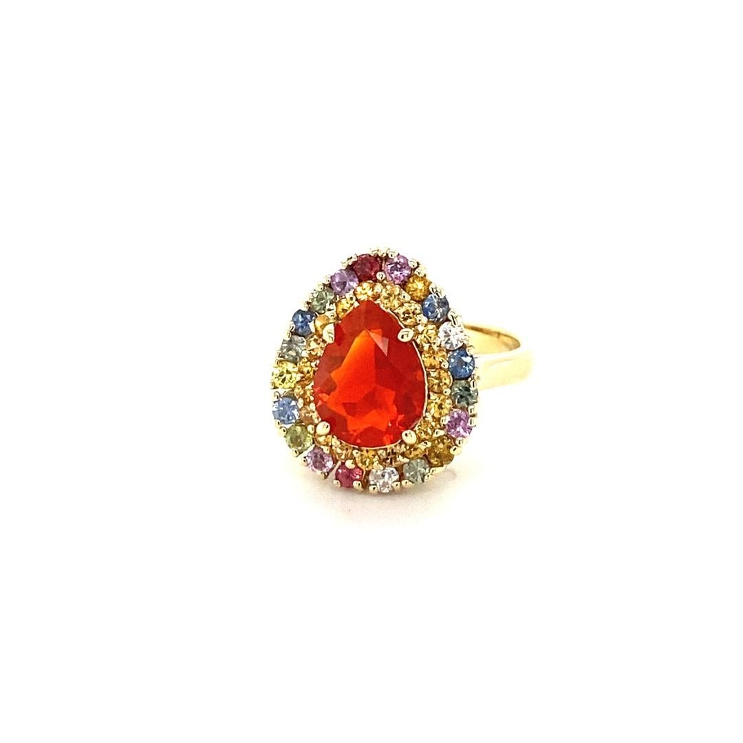 Contemporary 2.92 Carat Pear Cut Natural Fire Opal Sapphire Yellow Gold Cocktail Ring