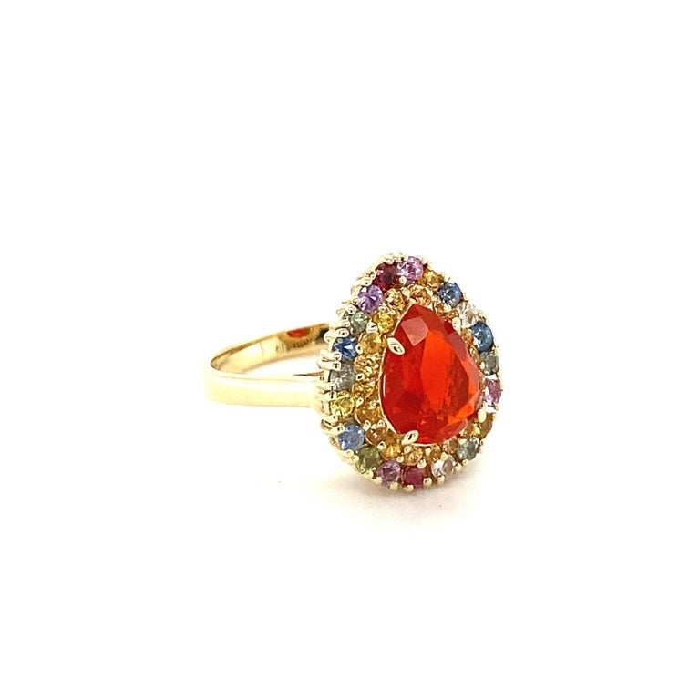 2.92 Carat Pear Cut Natural Fire Opal Sapphire Yellow Gold Cocktail Ring In New Condition In Los Angeles, CA