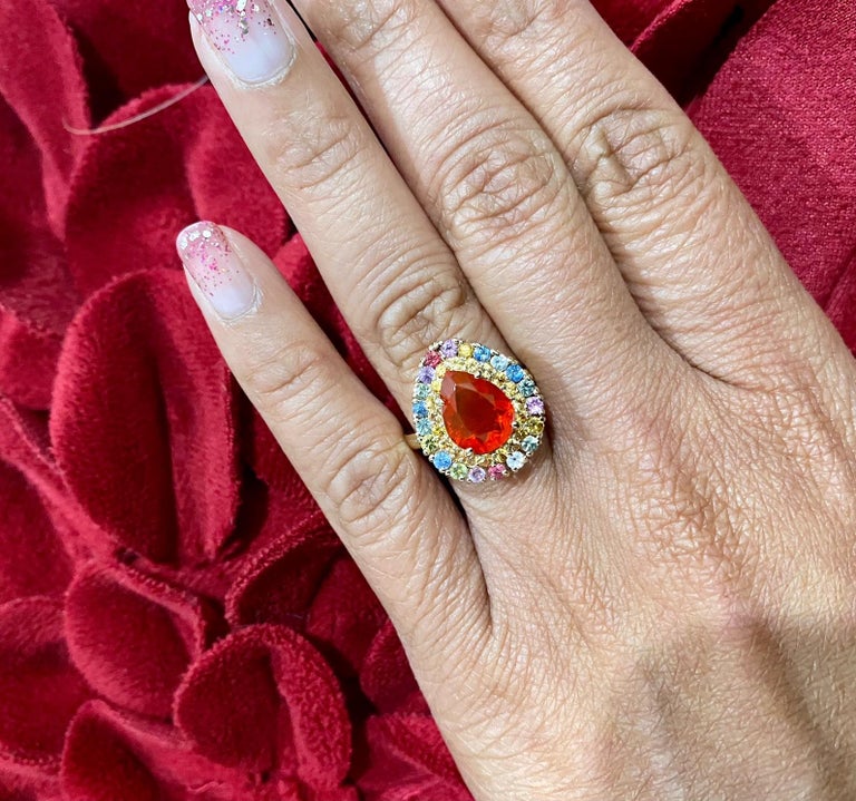 2.92 Carat Pear Cut Natural Fire Opal Sapphire Yellow Gold Cocktail Ring 1