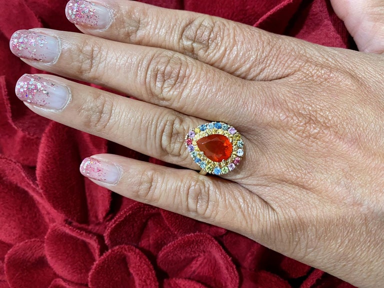 2.92 Carat Pear Cut Natural Fire Opal Sapphire Yellow Gold Cocktail Ring 2