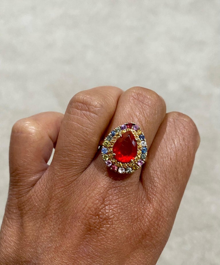 2.92 Carat Pear Cut Natural Fire Opal Sapphire Yellow Gold Cocktail Ring 3