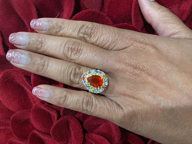 2.92 Carat Pear Cut Natural Fire Opal Sapphire Yellow Gold Cocktail Ring 4