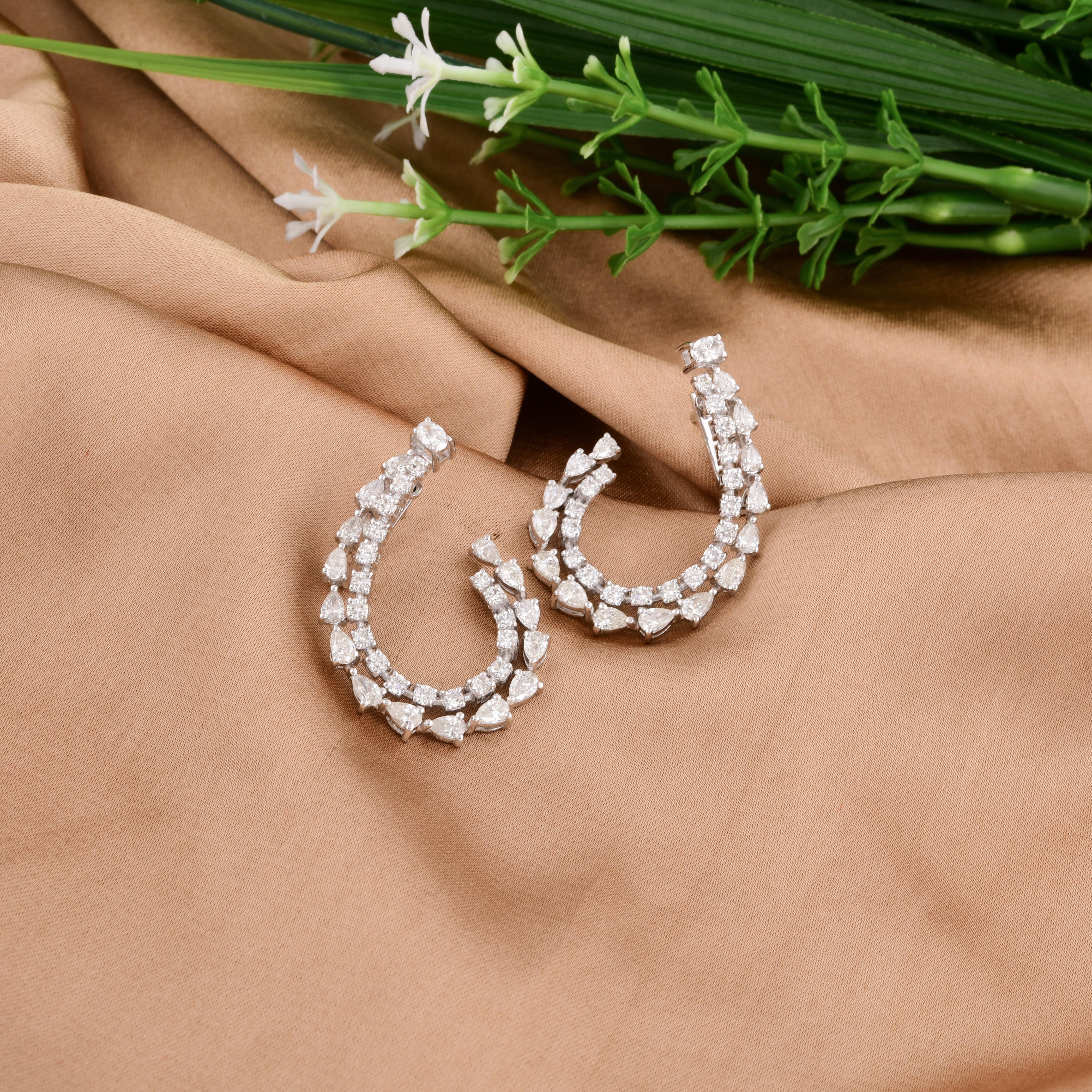Modern 2.92 Carat Pear & Round Diamond Earrings 14 Karat White Gold Handmade Jewelry For Sale