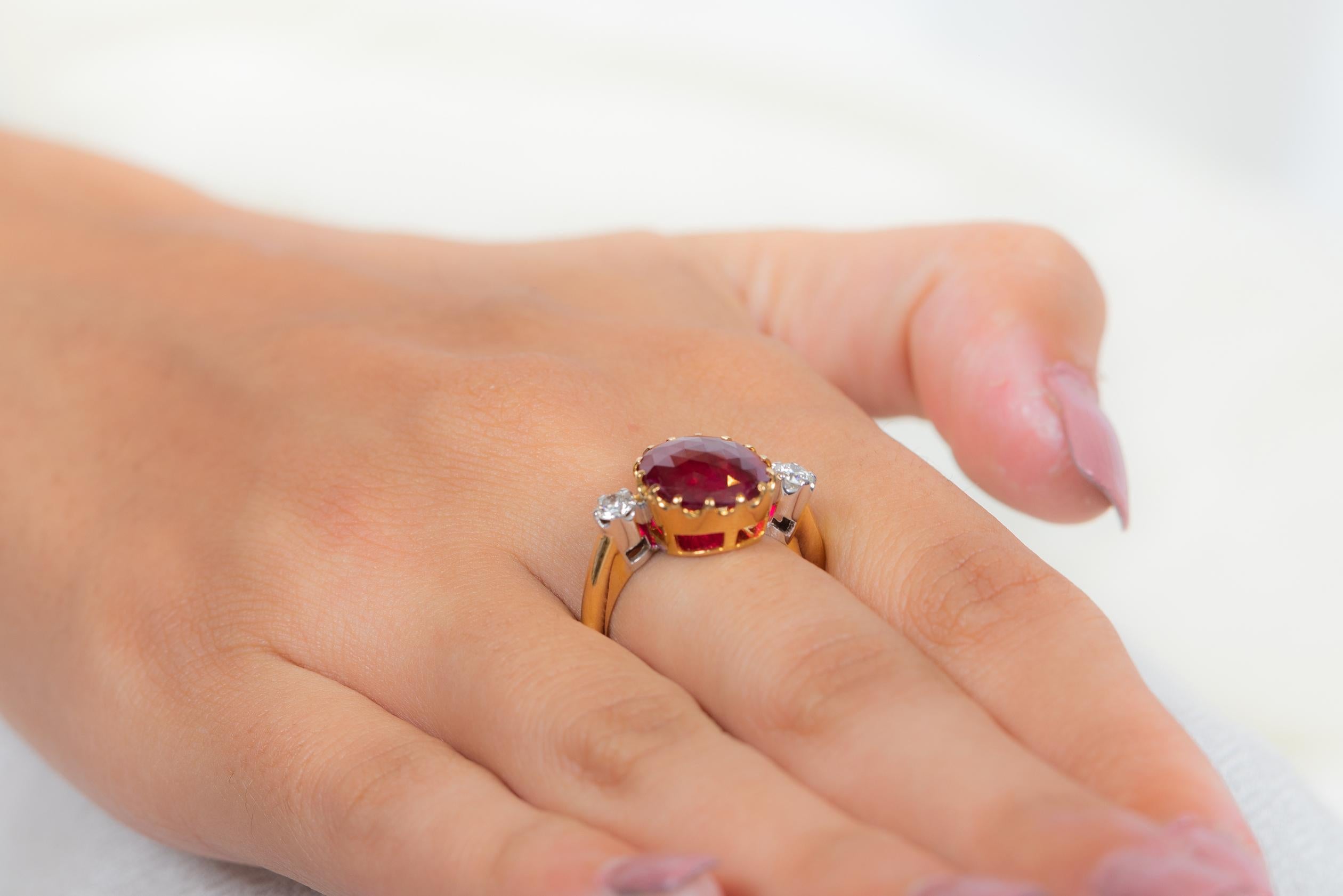For Sale:  2.92 Carat Red Ruby and Diamond Engagement Ring in 18K Yellow Gold  6