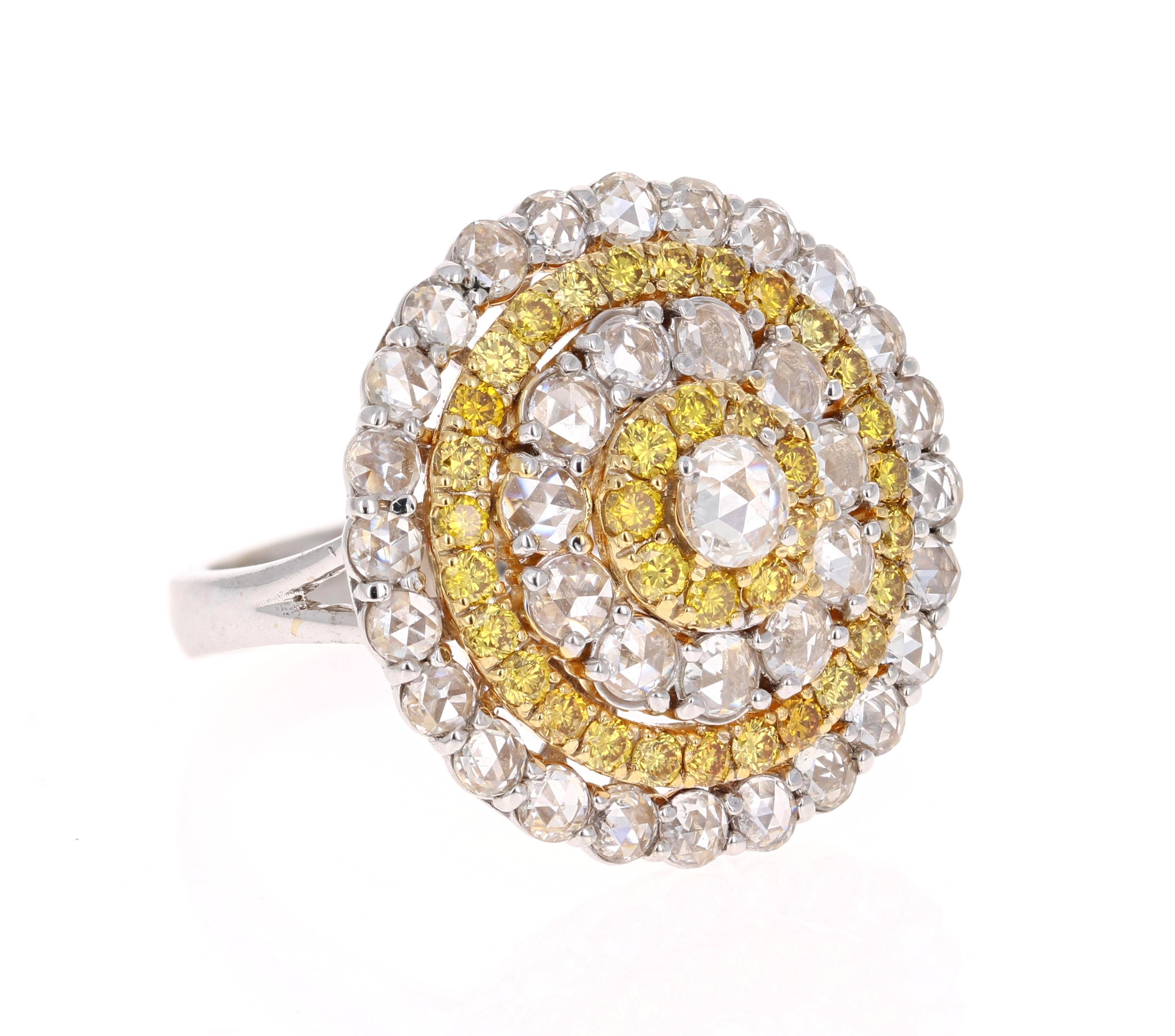 This magnificent beauty has a dome of 36 Rose Cut Diamonds that weigh 1.94 Carats. The clarity and color of the rose cuts are VS-F. It also has 36 beautiful & natural Yellow Round Cut Diamonds that weigh 0.98 Carats. The clarity of the yellow