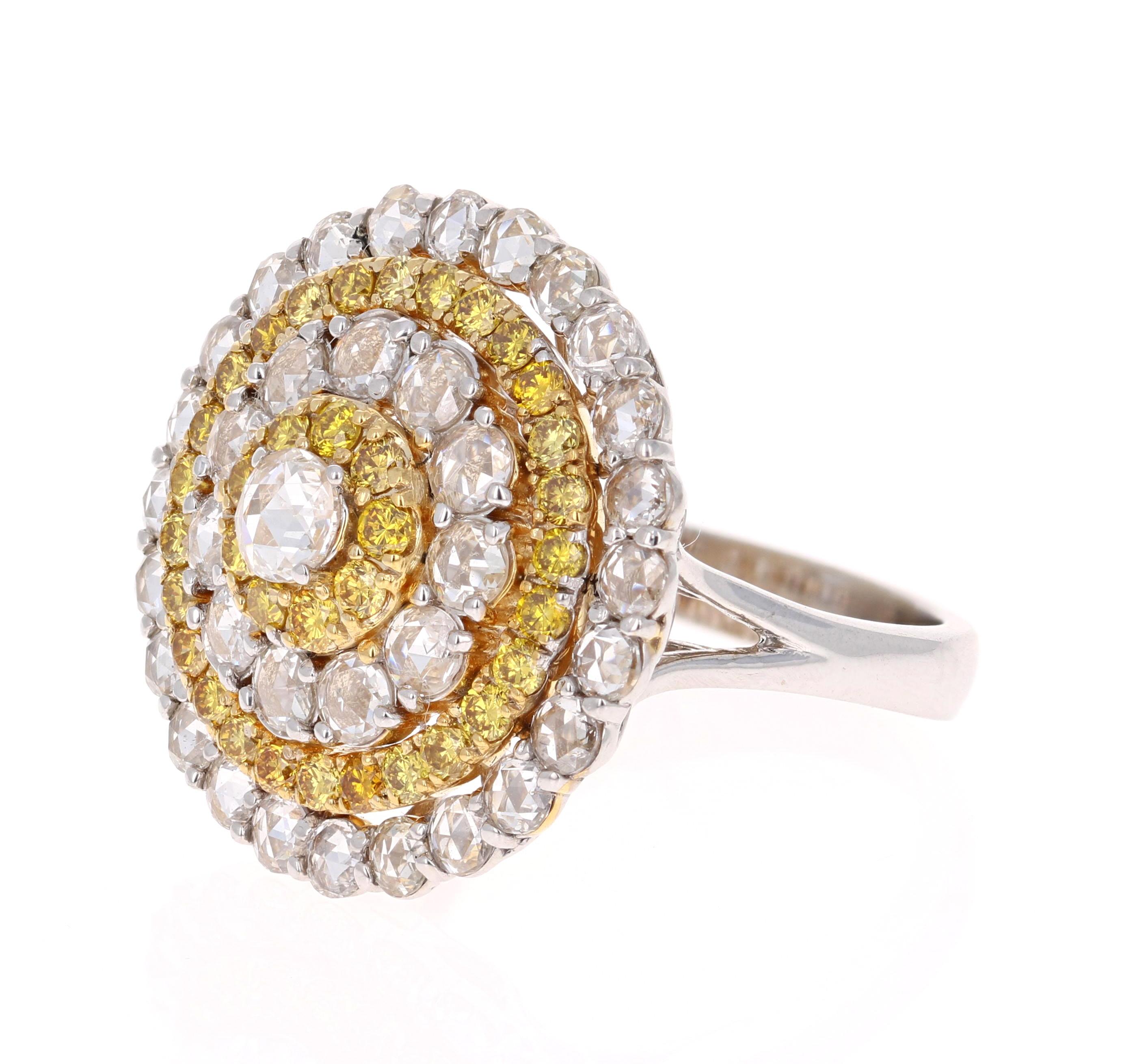 Contemporary 2.92 Carat Rose Cut and Natural Yellow Diamond 18 Karat White Gold Cocktail Ring For Sale