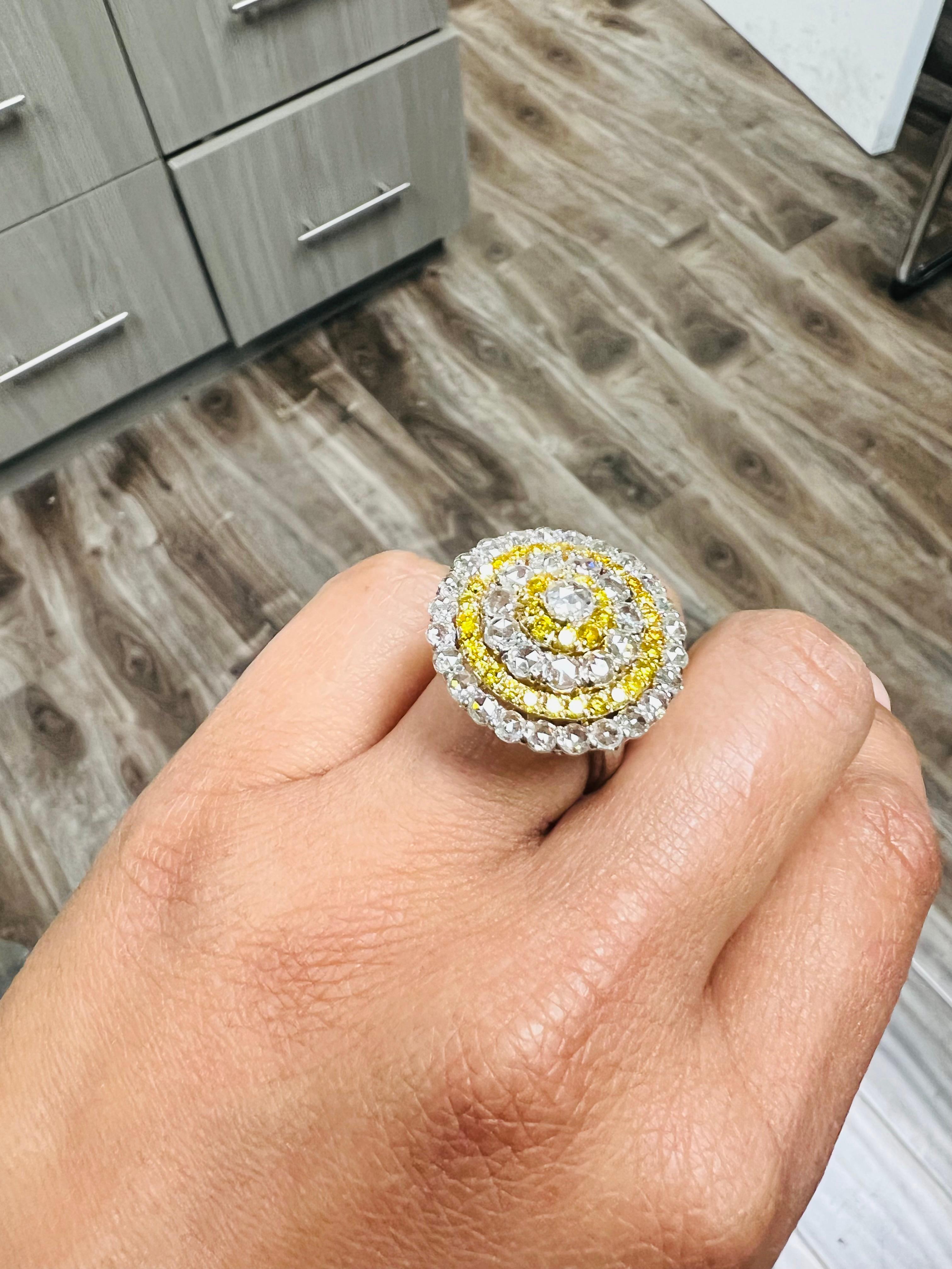 2.92 Carat Rose Cut Diamond Yellow Diamond 18 Karat White Gold Cocktail Ring For Sale 5