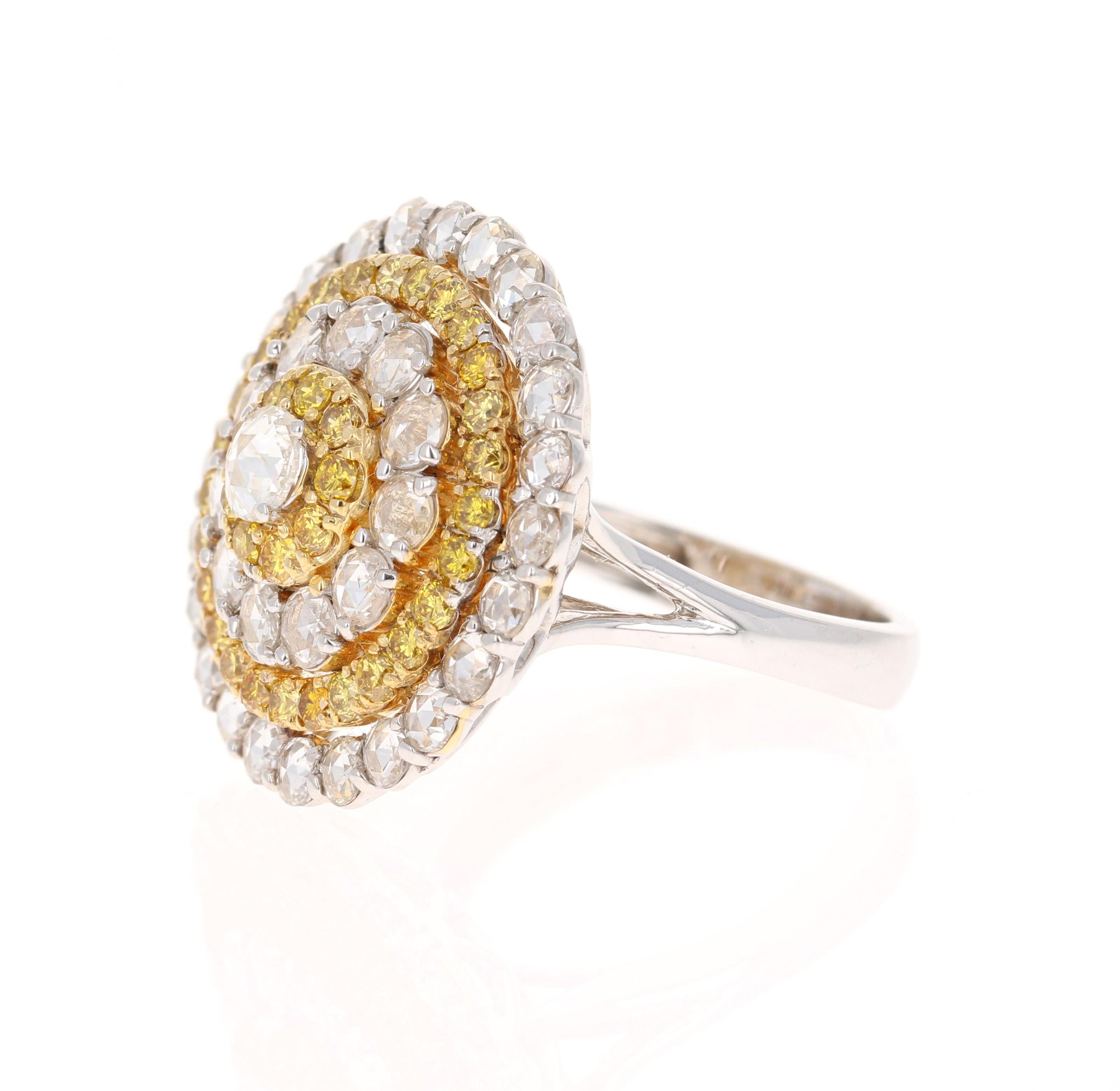 Contemporary 2.92 Carat Rose Cut Diamond Yellow Diamond 18 Karat White Gold Cocktail Ring For Sale
