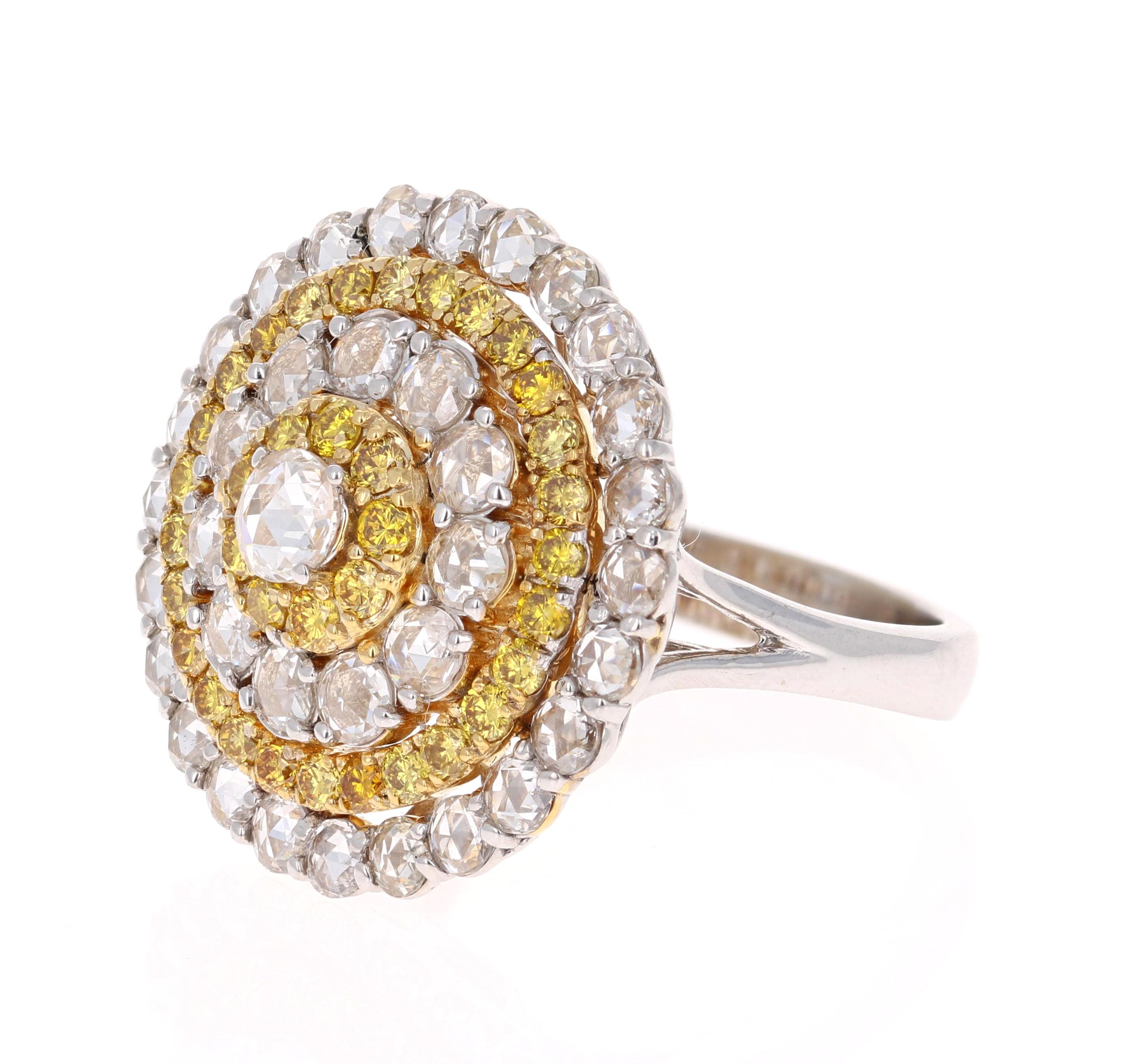 Women's 2.92 Carat Rose Cut Diamond Yellow Diamond 18 Karat White Gold Cocktail Ring For Sale