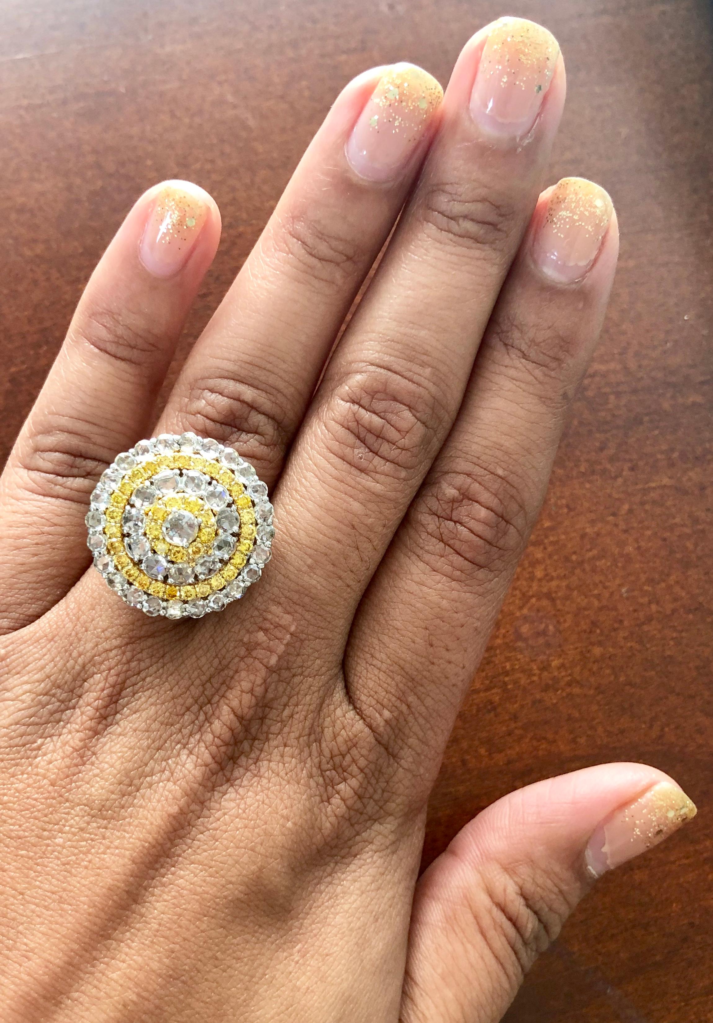 2.92 Carat Rose Cut Diamond Yellow Diamond 18 Karat White Gold Cocktail Ring For Sale 2