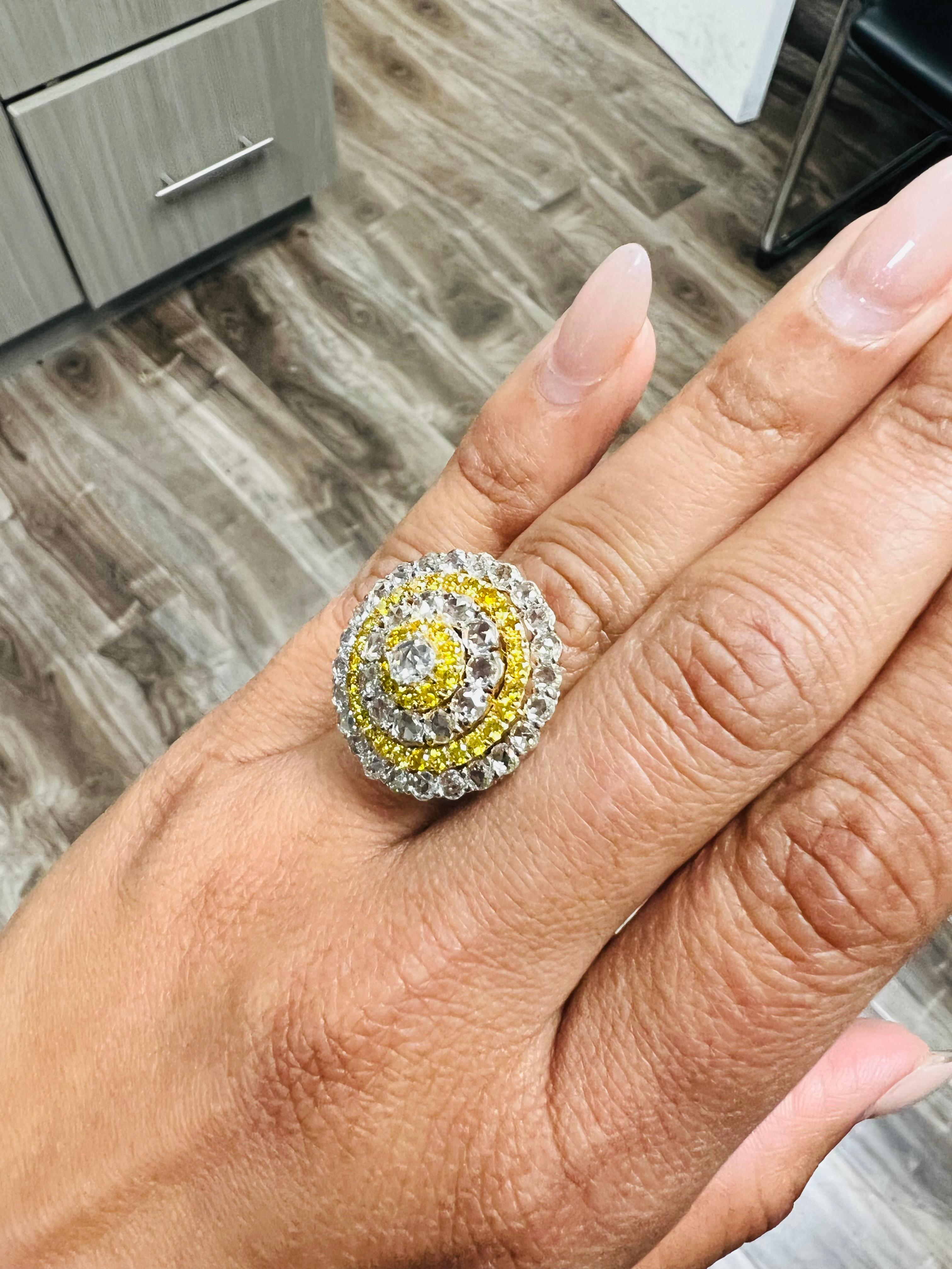 2.92 Carat Rose Cut Diamond Yellow Diamond 18 Karat White Gold Cocktail Ring For Sale 4