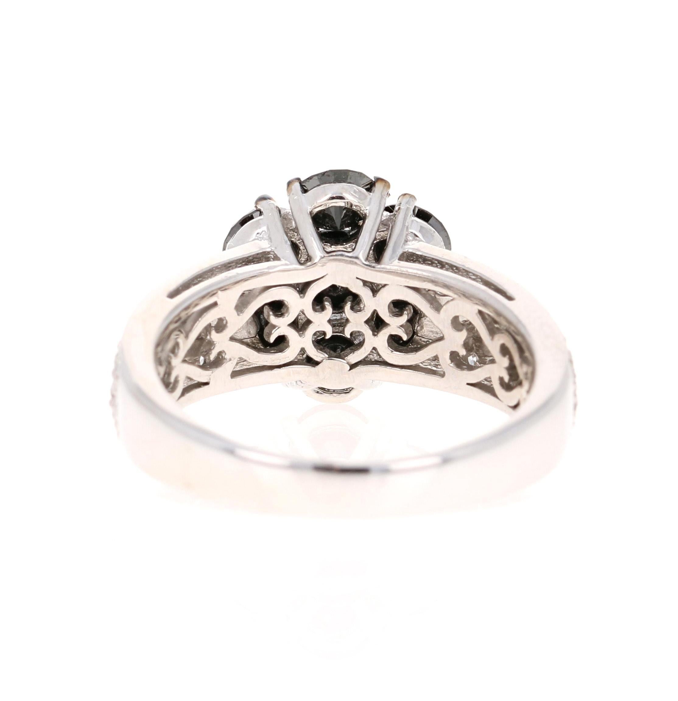 2.92 Carat Round Cut Black Diamond 14 Karat White Gold Engagement Ring In New Condition In Los Angeles, CA