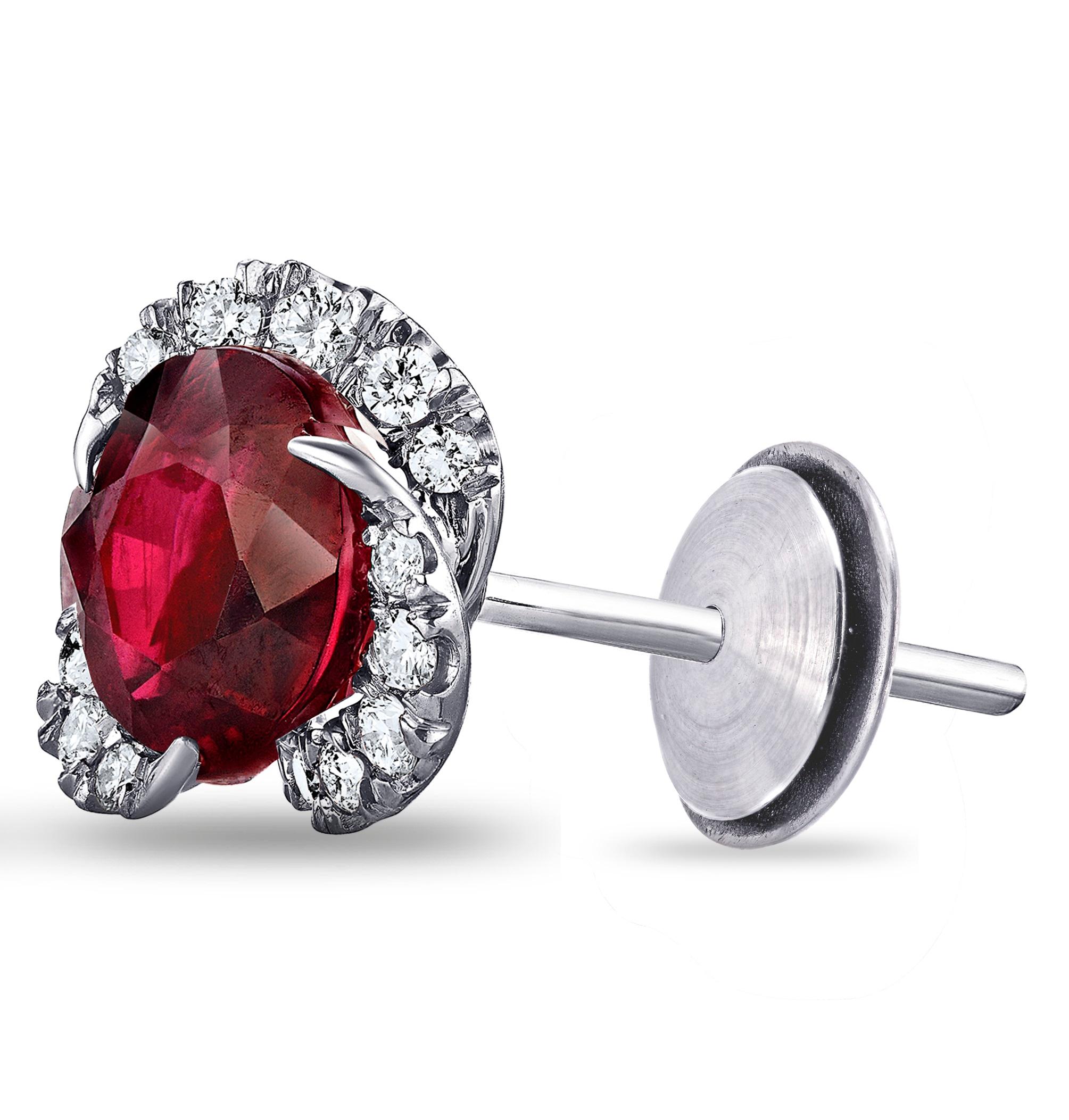 Contemporary 2.92 Carat Round Ruby and Diamond Halo Platinum Earrings