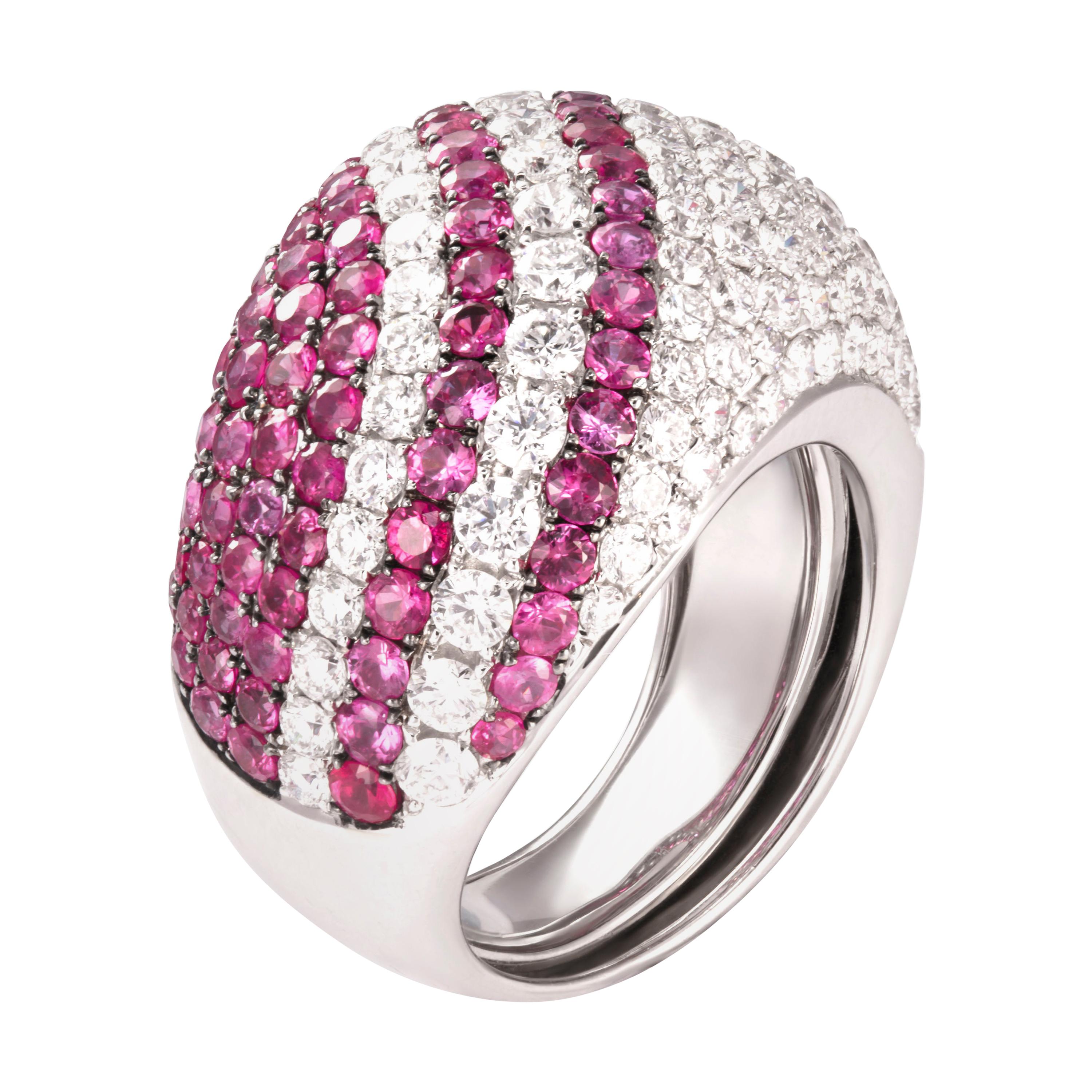 2.92 Carat Ruby Diamond 18 Karat White Gold Bombe Dome Cocktail Ring