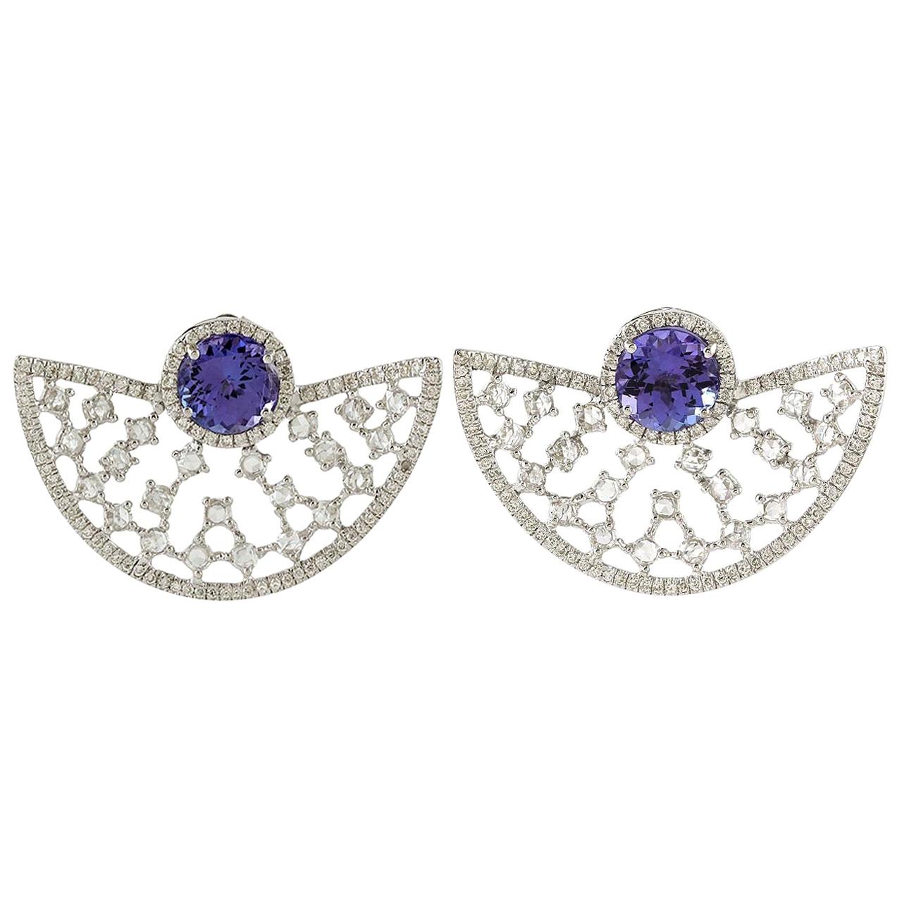 2.92 Carat Tanzanite Carat 18 Karat Gold Diamond Fan Stud Earrings