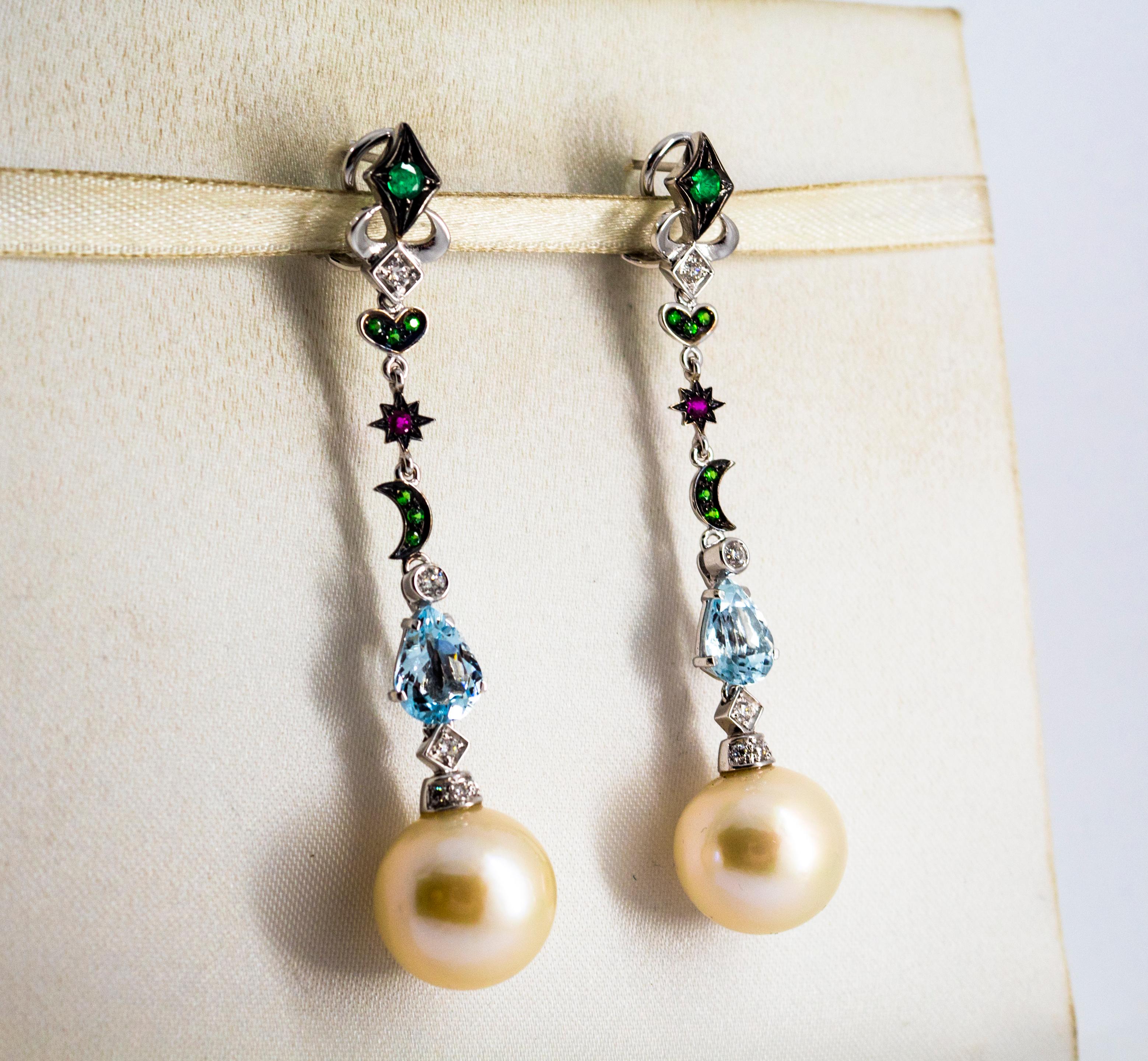 Art Nouveau 2.92 Carat White Diamond Emerald Ruby Aquamarine Pearl White Gold Drop Earrings