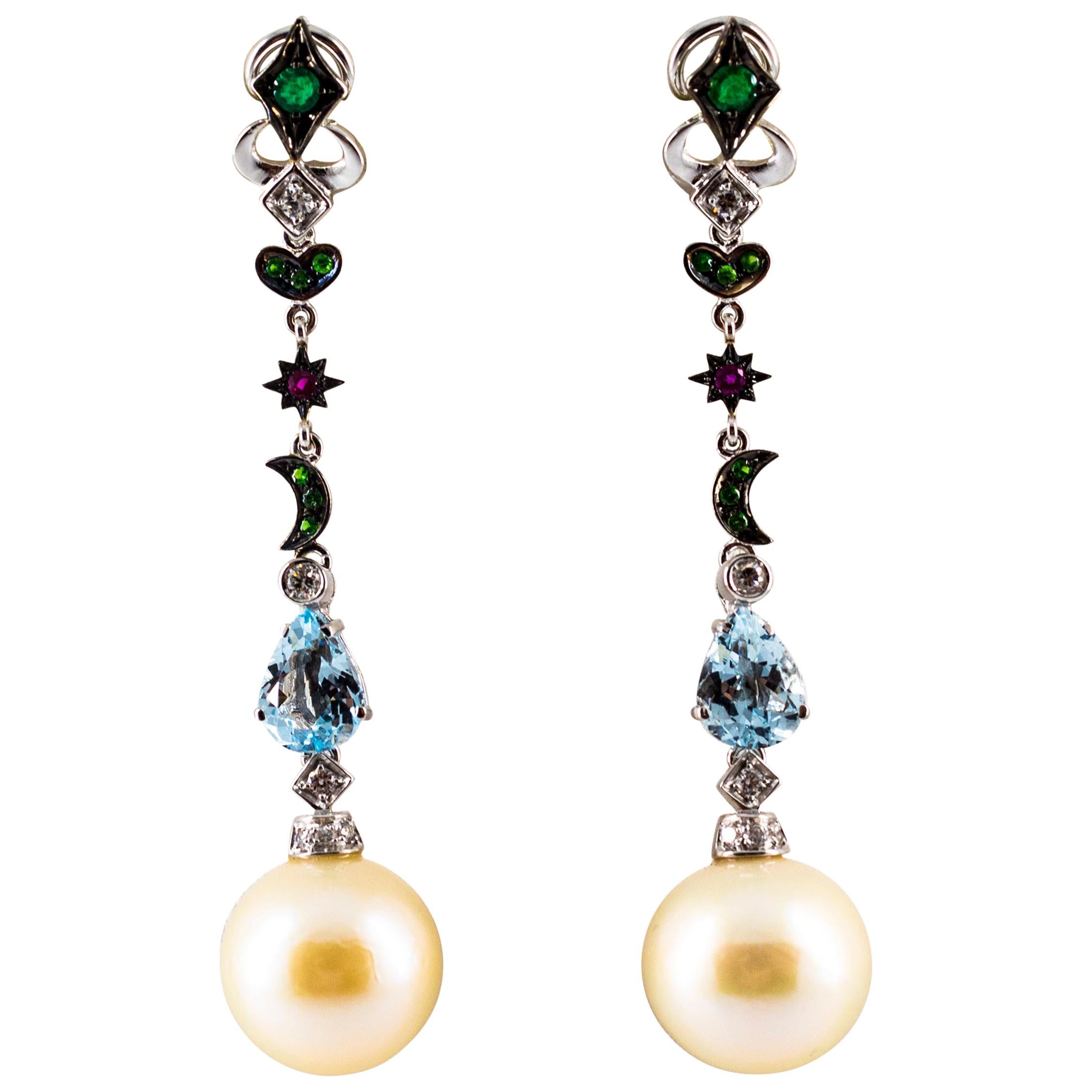 2.92 Carat White Diamond Emerald Ruby Aquamarine Pearl White Gold Drop Earrings