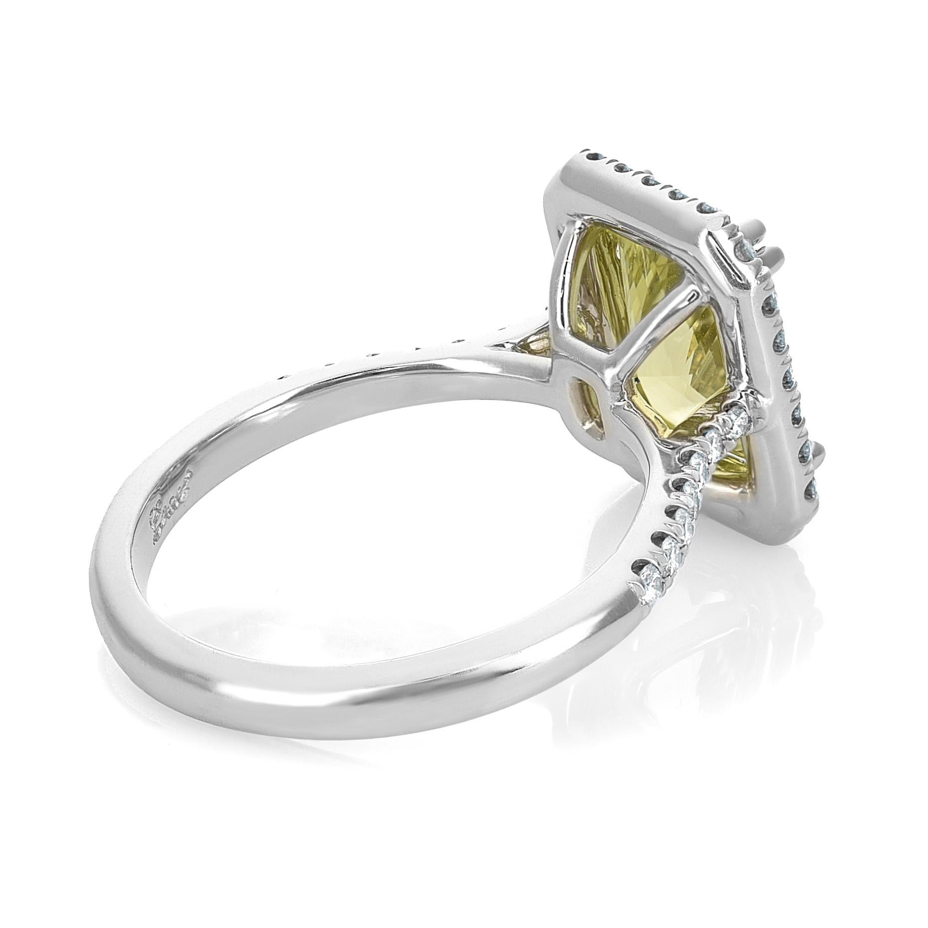 Emerald Cut Natural Yellow Chrysoberyl Stone 2.92 carats set in Platinum Ring with Diamonds For Sale