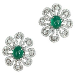 2.92 Carats Zambian Emerald Cabochon Diamond Studded Earring
