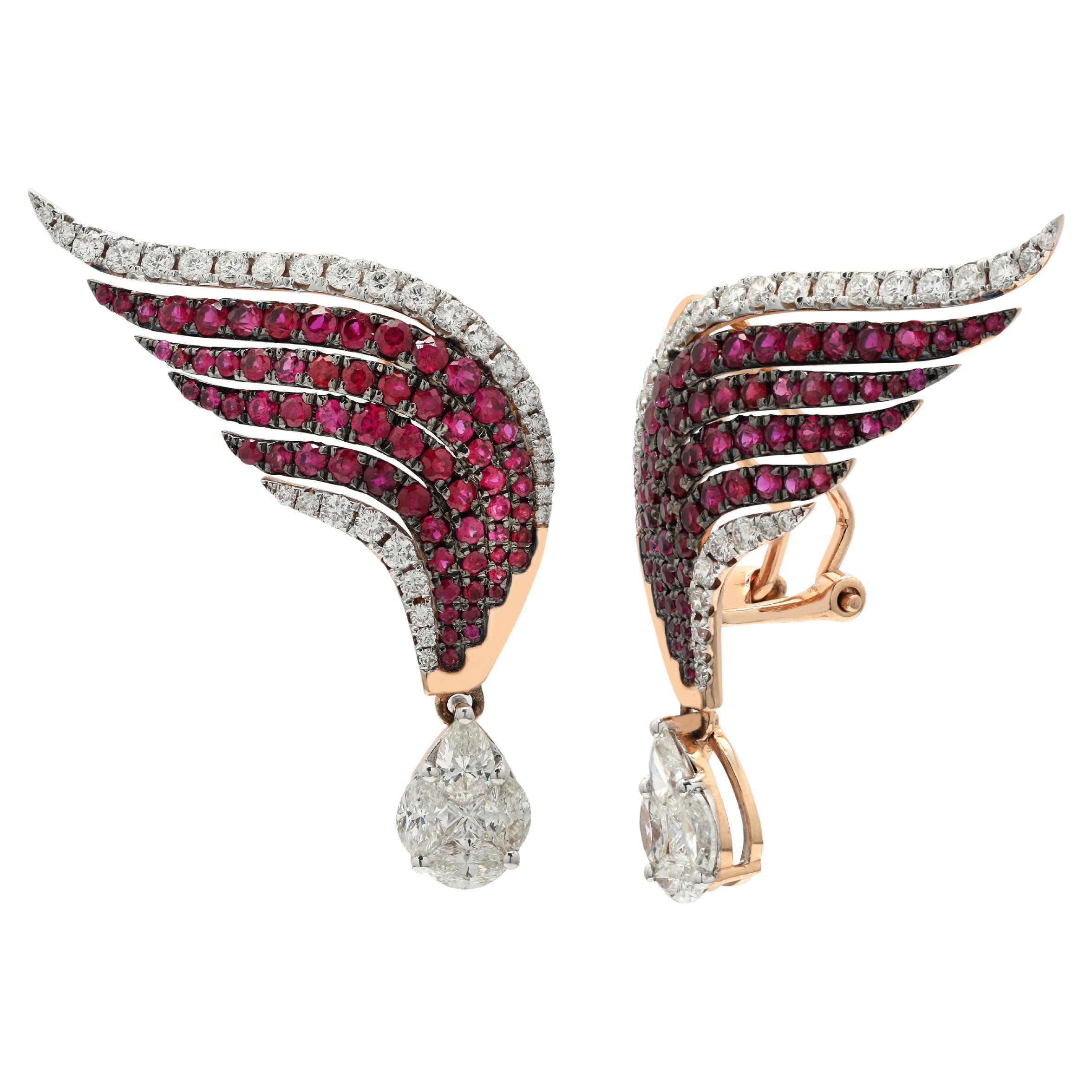 Boucles d'oreilles à plumes en or rose massif 14 carats, rubis naturel de 2,92 carats et diamants