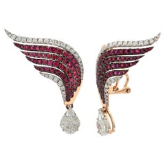 2.92 ct Natural Ruby and Diamond Feather Earrings in 14K Solid Rose Gold