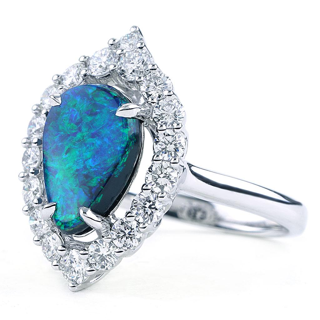 Modern 2.92 CTTW Black Opal and Diamond Halo Fashion Ring in 18K White Gold  For Sale