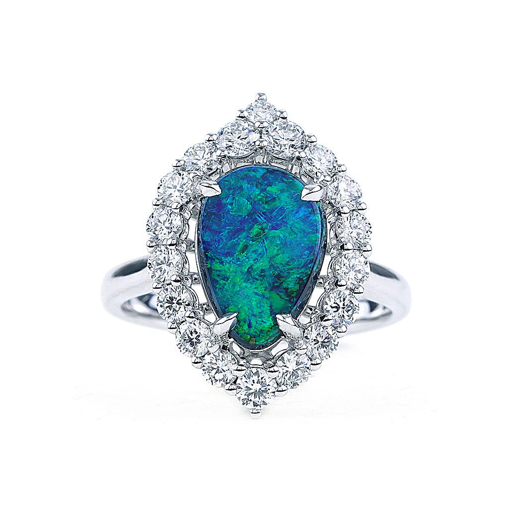 2.92 CTTW Black Opal and Diamond Halo Fashion Ring in 18K White Gold  For Sale 1