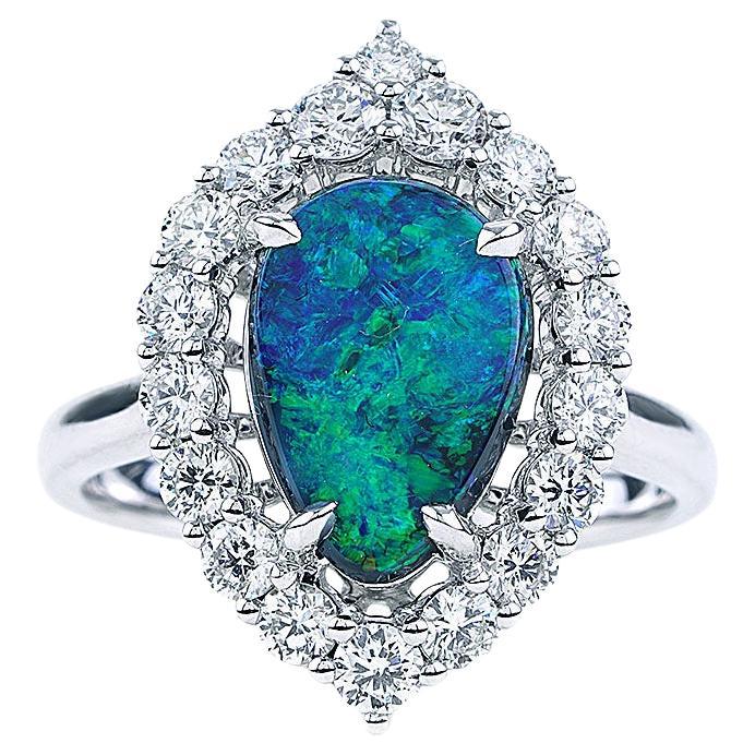 2.92 CTTW Black Opal and Diamond Halo Fashion Ring in 18K White Gold  For Sale