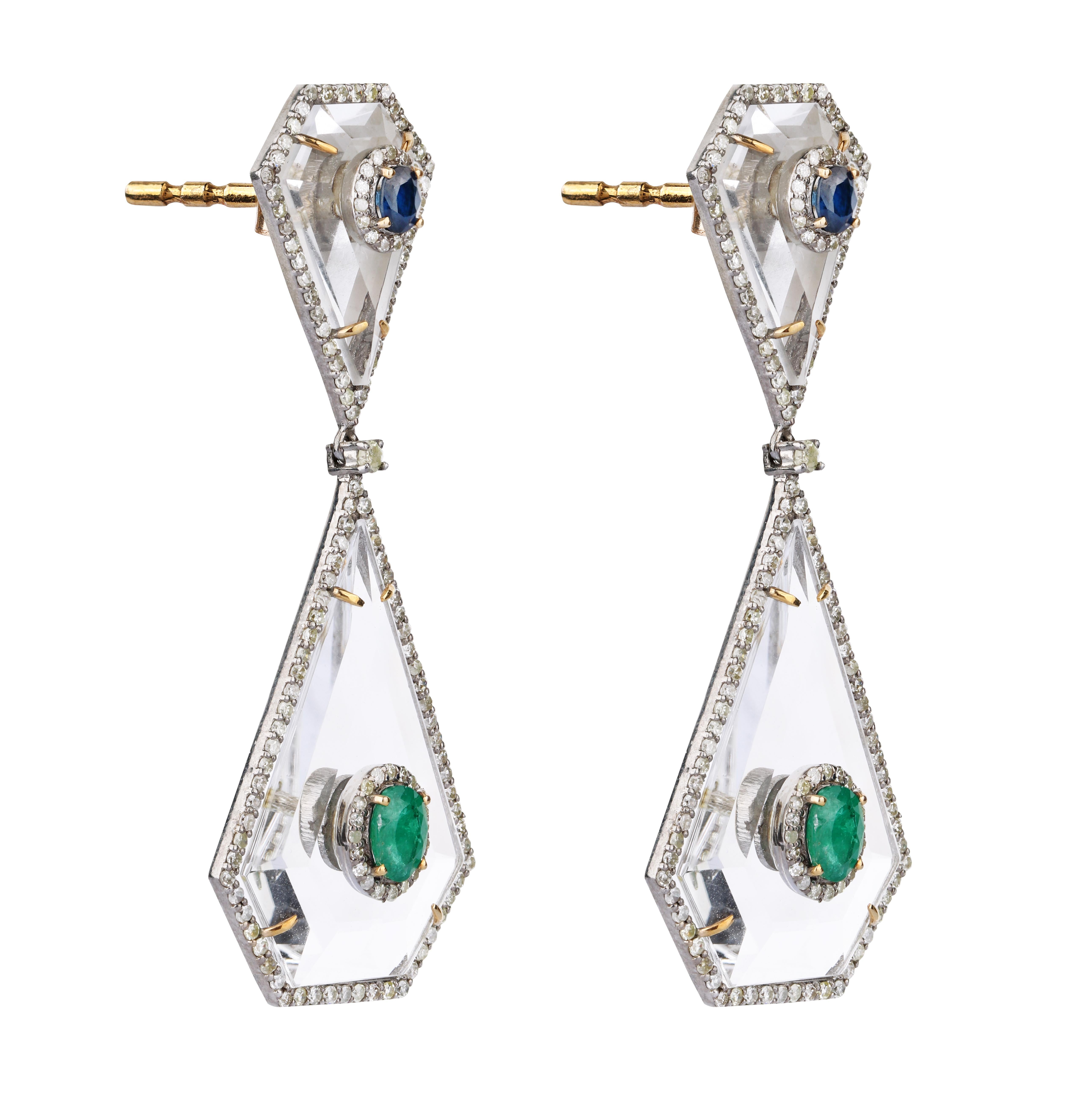 Oval Cut 29.20 Carats Crystal, Diamond, Emerald, and Sapphire Dangle Earrings For Sale